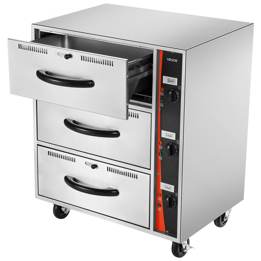 VEVOR commerciële elektrische ladewarmer, roestvrijstalen voedselwarmer met 3 lades, breed temperatuurbereik van 30–85 °C, voor restaurants, hotelbuffetten en bakkerijen
