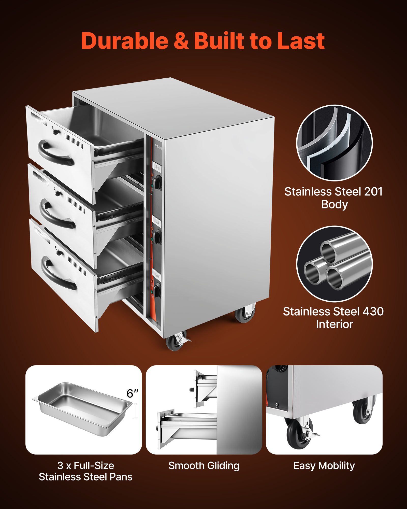 VEVOR Commercial Electric Drawer Warmer, Three-Drawer Stainless Steel Food Warmer, Freestanding Standard Warming Drawer Cabinet, 30-85℃ Wide Temperature Range, for Restaurant, Hotel Buffet & Bakery
