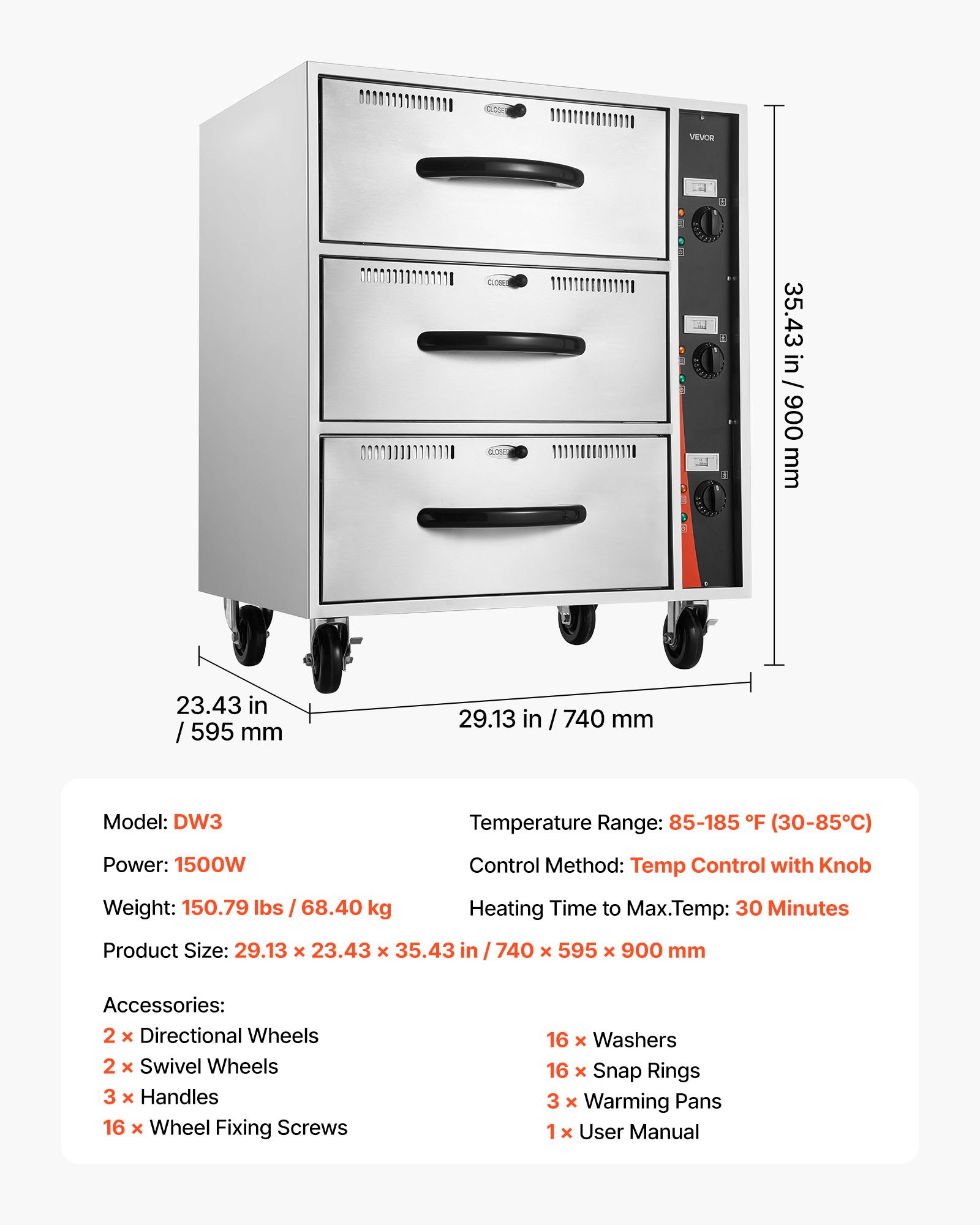 VEVOR Commercial Electric Drawer Warmer, Three-Drawer Stainless Steel Food Warmer, Freestanding Standard Warming Drawer Cabinet, 30-85℃ Wide Temperature Range, for Restaurant, Hotel Buffet & Bakery
