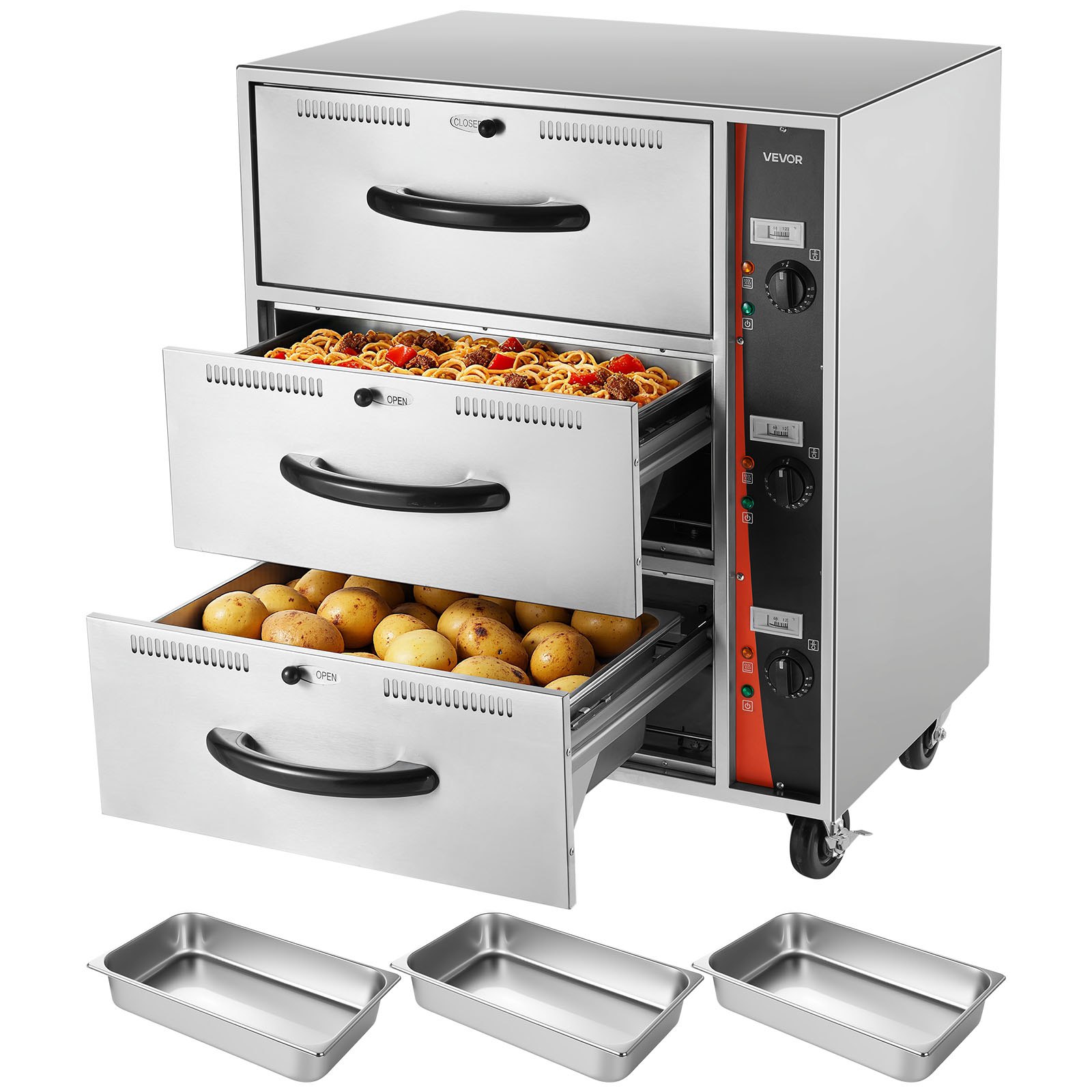VEVOR Commercial Electric Drawer Warmer, Three-Drawer Stainless Steel Food Warmer, Freestanding Standard Warming Drawer Cabinet, 30-85℃ Wide Temperature Range, for Restaurant, Hotel Buffet & Bakery