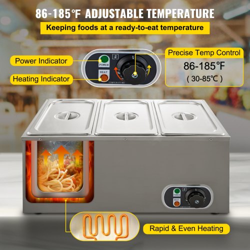3-Pan Food Warmer Steam Table Steamer Portable Bain-Marie Kitchen Appliance