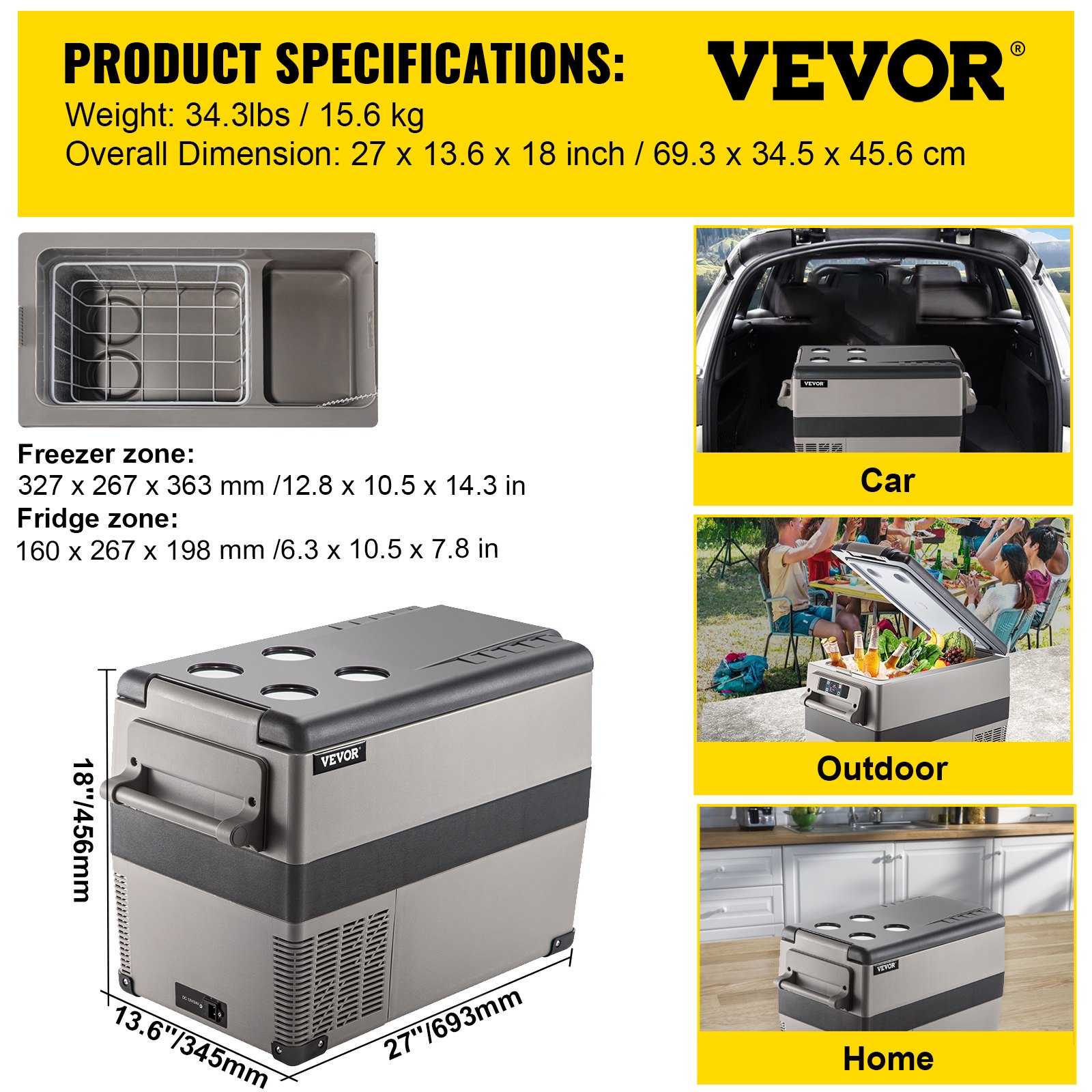 VEVOR Auto Koelkast Compressor, 45 L Auto Koelkast Mini, 27,1 x 13,6 x 18,2 inch Mini Koelkast, met Batterij Beschermingssysteem, in zowel Binnen als Buiten Gelegenheden, Boot, Vrachtwagen, Auto enz