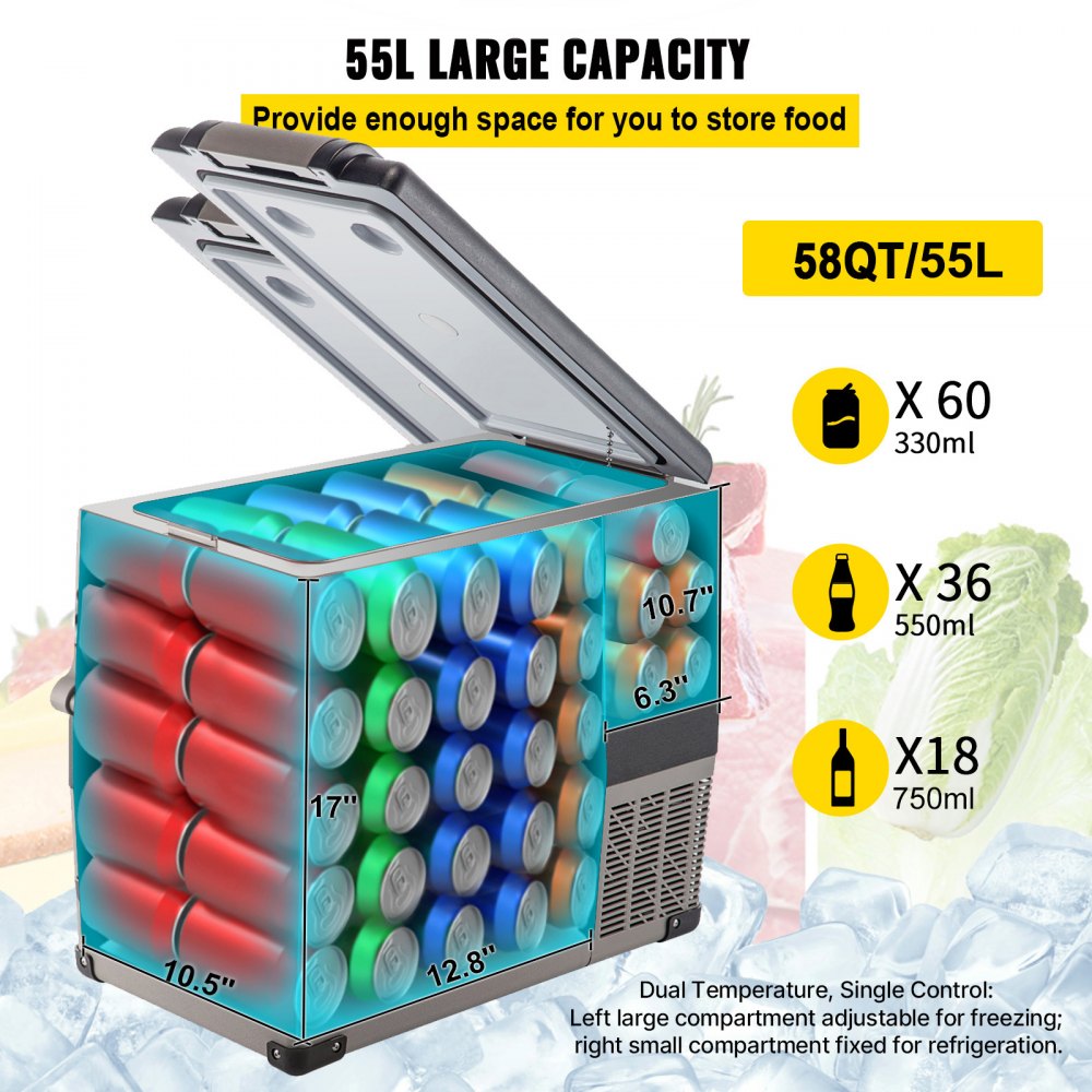 VEVOR Draagbare Compressor Koelbox 55L Auto Koelkast 220V Mini Koelkast Elektrische Vriezer Kleine Vriezer voor Auto, Camping, Vrachtwagen, Boot