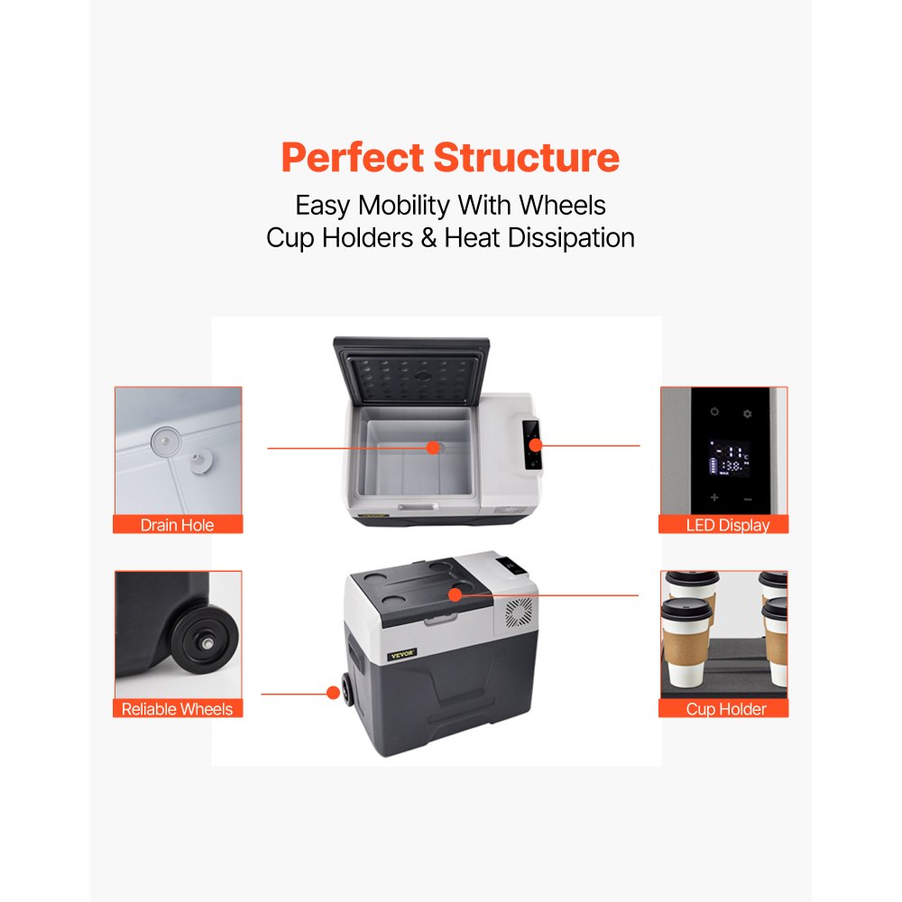 VEVOR Compressor Koelbox 50L met app-bediening en wielen voor gebruik onderweg, -20 tot 20°C, 12/24V DC en 120/240V AC, draagbare auto-koelkast met USB-poort voor kamperen, camper, boot en vrachtwagen