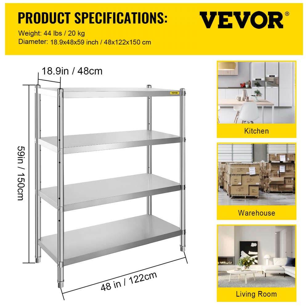 VEVOR roestvrijstalen plank, voor keuken, garage, berging, balkon, 48 x 18,9 x 59 inch / 122 x 48 x 150 cm