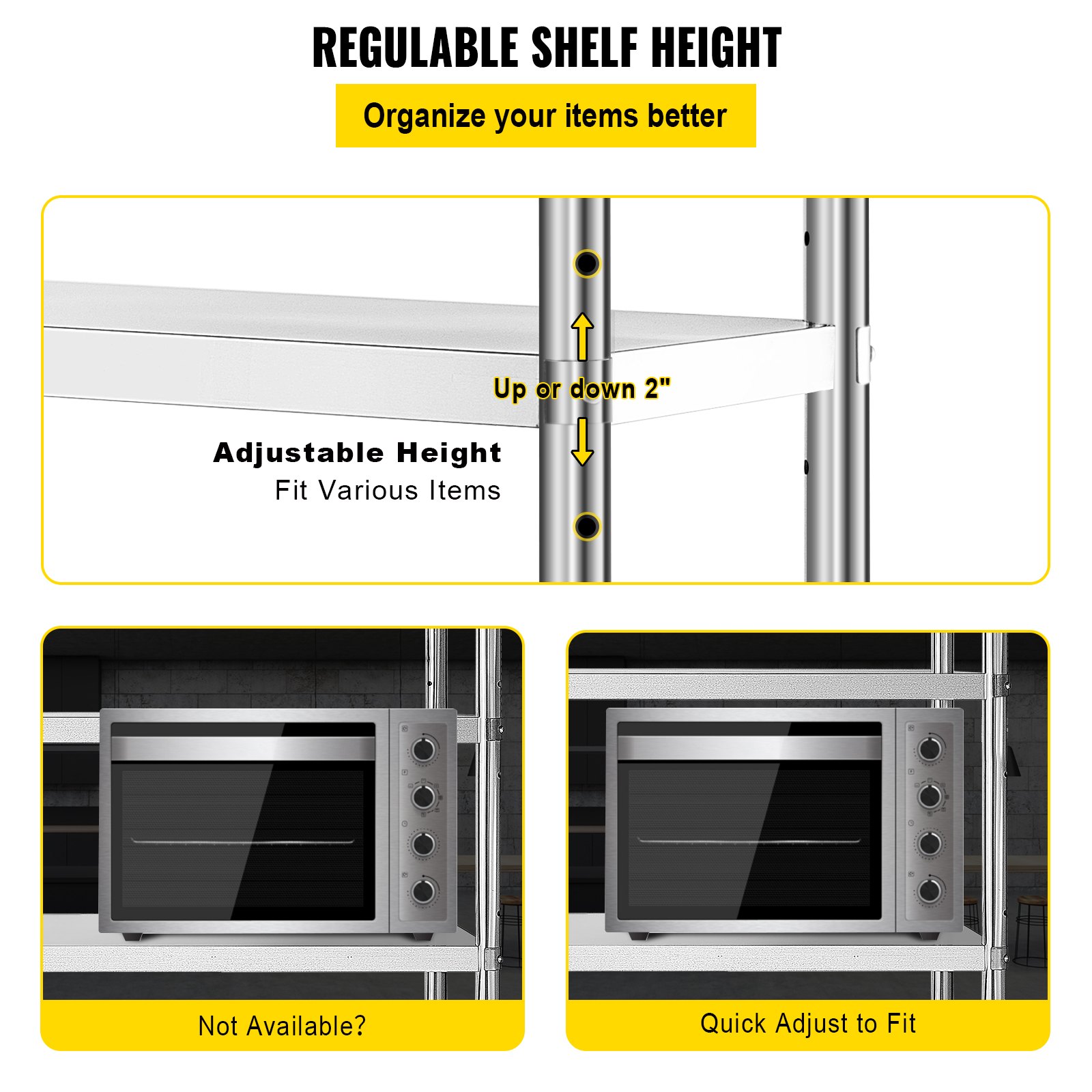 VEVOR roestvrijstalen plank, voor keuken, garage, berging, balkon, 48 x 18,9 x 59 inch / 122 x 48 x 150 cm