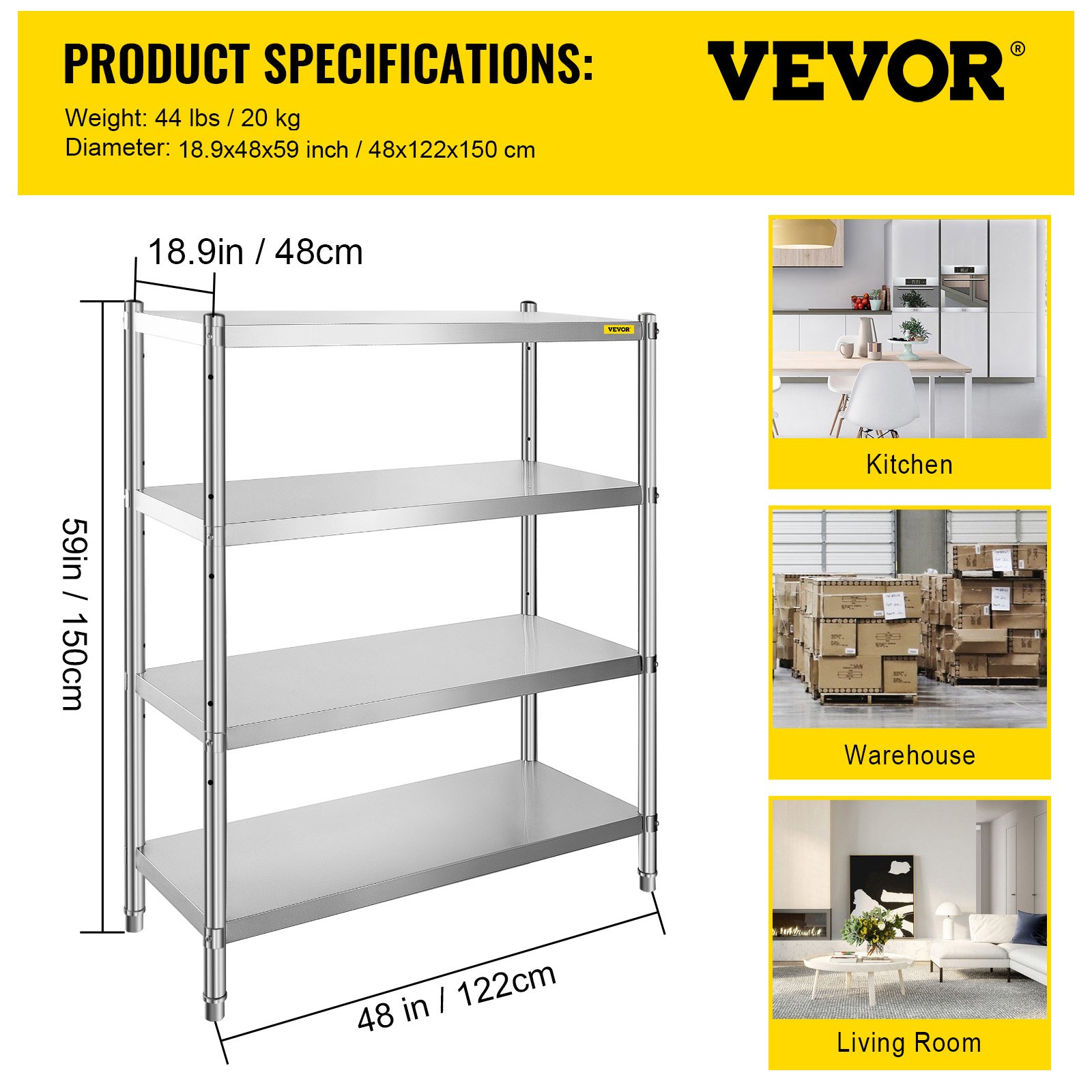 VEVOR roestvrijstalen plank, voor keuken, garage, berging, balkon, 48 x 18,9 x 59 inch / 122 x 48 x 150 cm