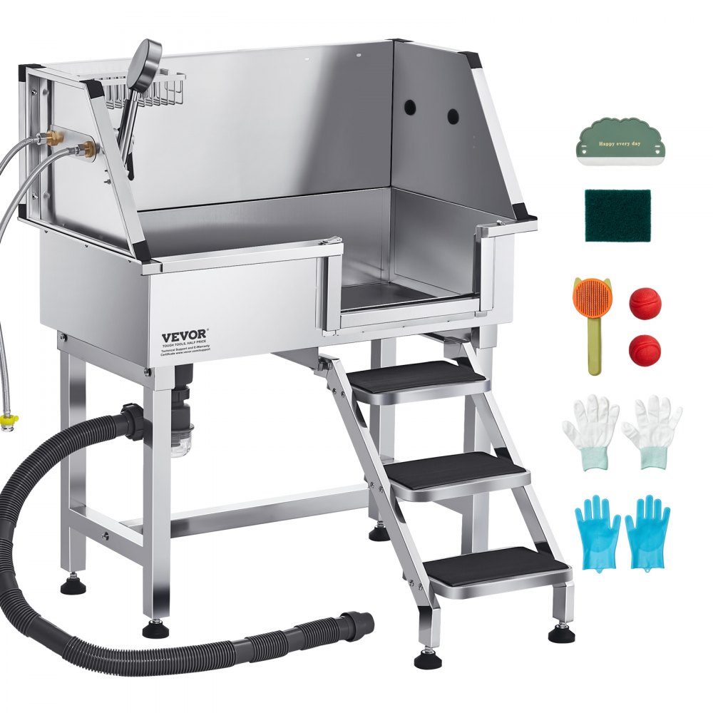 VEVOR 86.4 cm Stainless Steel Dog Washing Station, Pet Grooming Tub with Hot & Cold Faucet, Showerhead, Home Wash Sink, Fits Small Cats and Dogs, Non-Slip Stairs (Right Door)