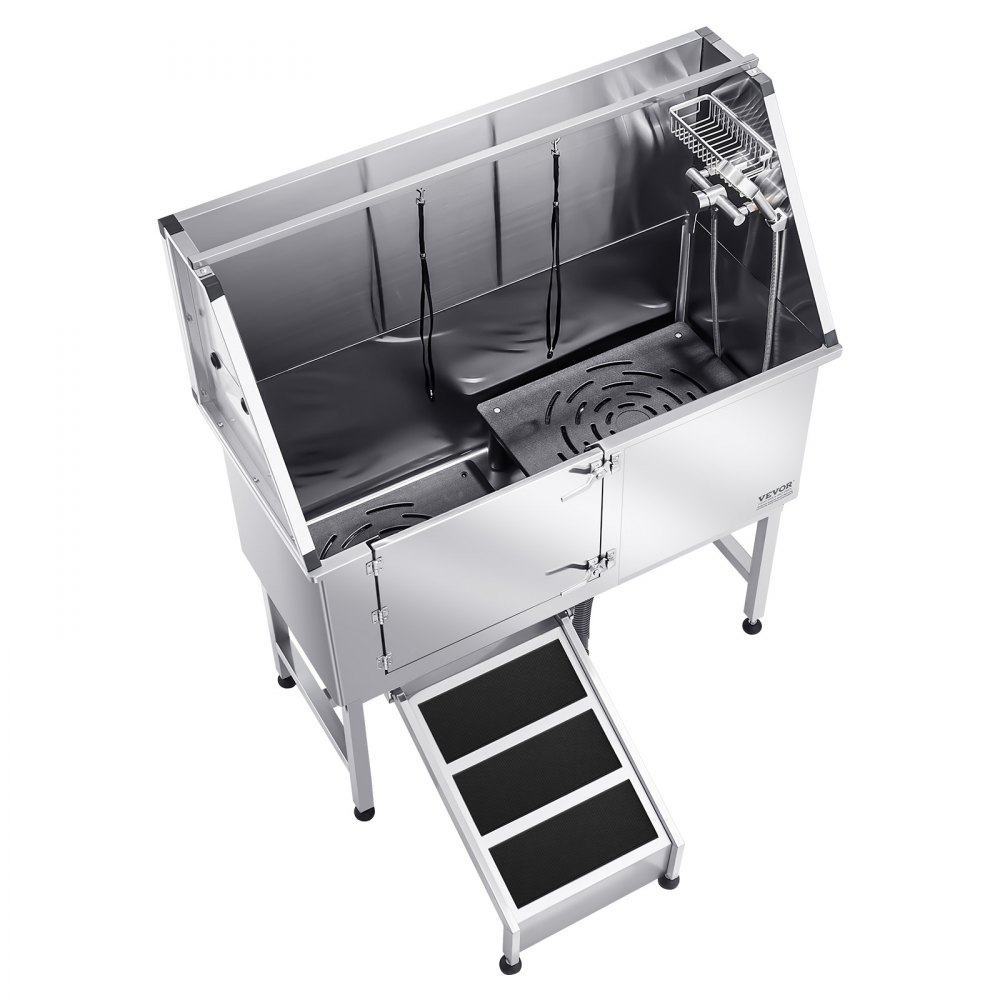 VEVOR Hondenwasstation van roestvrij staal, 1270 x 580 x 1495 mm, trimbad voor huisdieren met oprit, PE-waterfilterplaat, kraan, douchekop en zeephouder, voor grote, middelgrote en kleine huisdieren (linkerdeur)