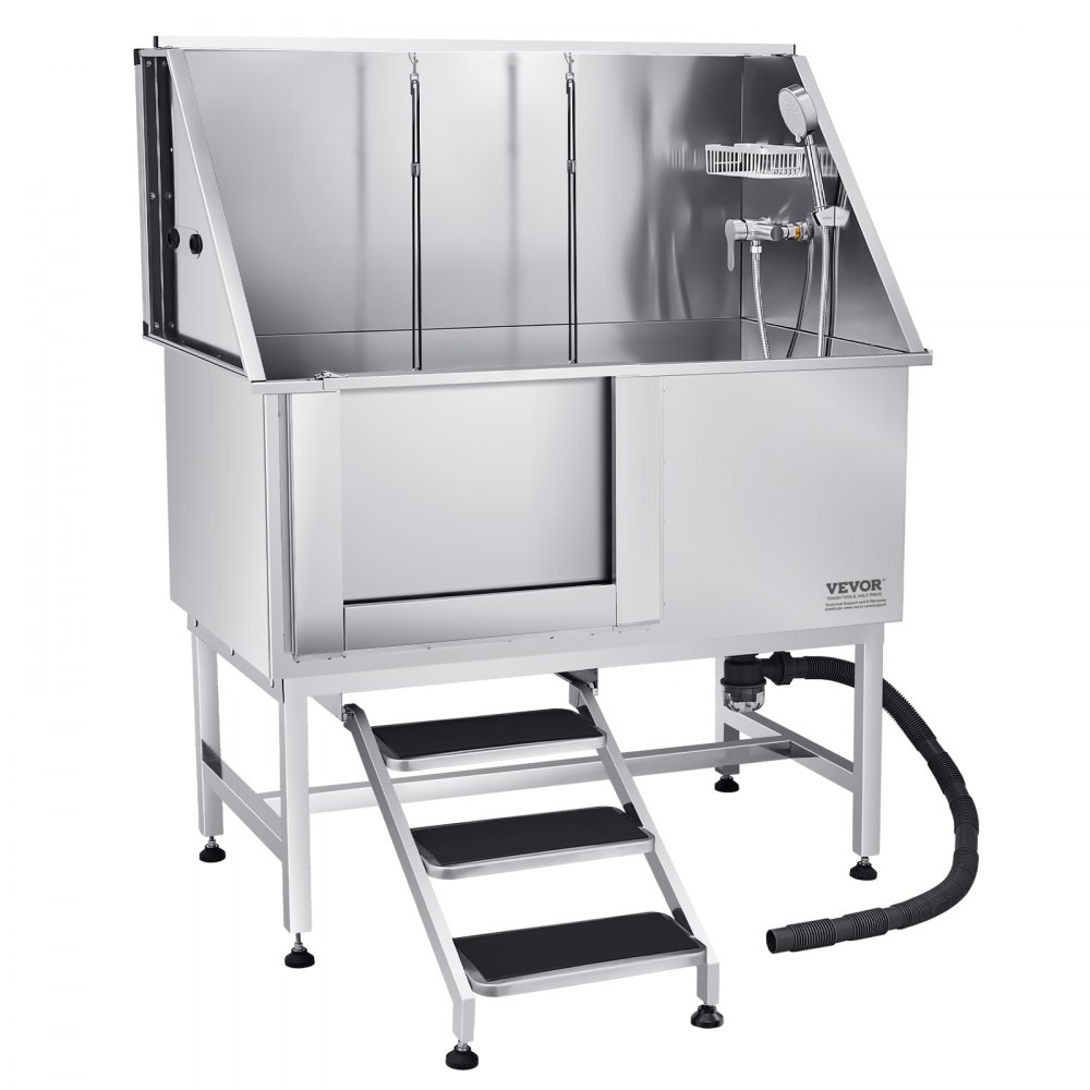 VEVOR Hondenwasstation van roestvrij staal, 1270x700x1545 mm, trimbad voor huisdieren met trap, PE-waterfilterplaat, kraan, douchekop en zeephouder, voor grote, middelgrote en kleine huisdieren (linkerdeur)