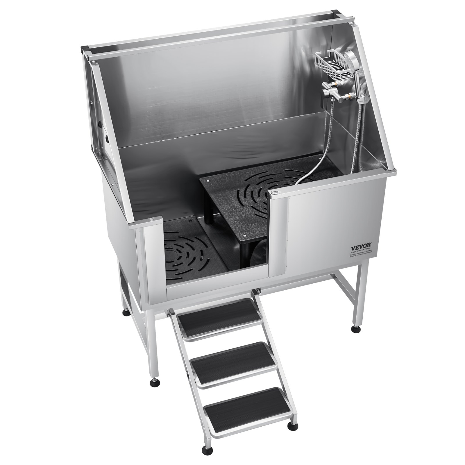 VEVOR Hondenwasstation van roestvrij staal, 1270x700x1545 mm, trimbad voor huisdieren met trap, PE-waterfilterplaat, kraan, douchekop en zeephouder, voor grote, middelgrote en kleine huisdieren (linkerdeur)