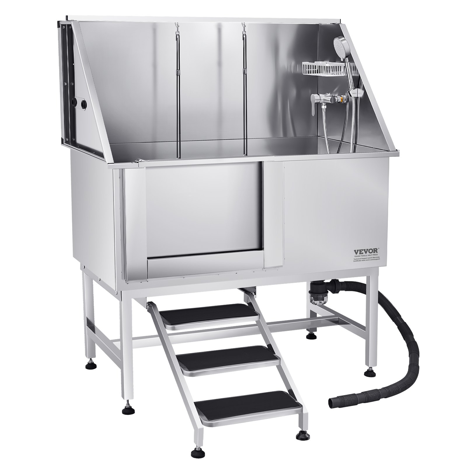 VEVOR Hondenwasstation van roestvrij staal, 1270x700x1545 mm, trimbad voor huisdieren met trap, PE-waterfilterplaat, kraan, douchekop en zeephouder, voor grote, middelgrote en kleine huisdieren (linkerdeur)