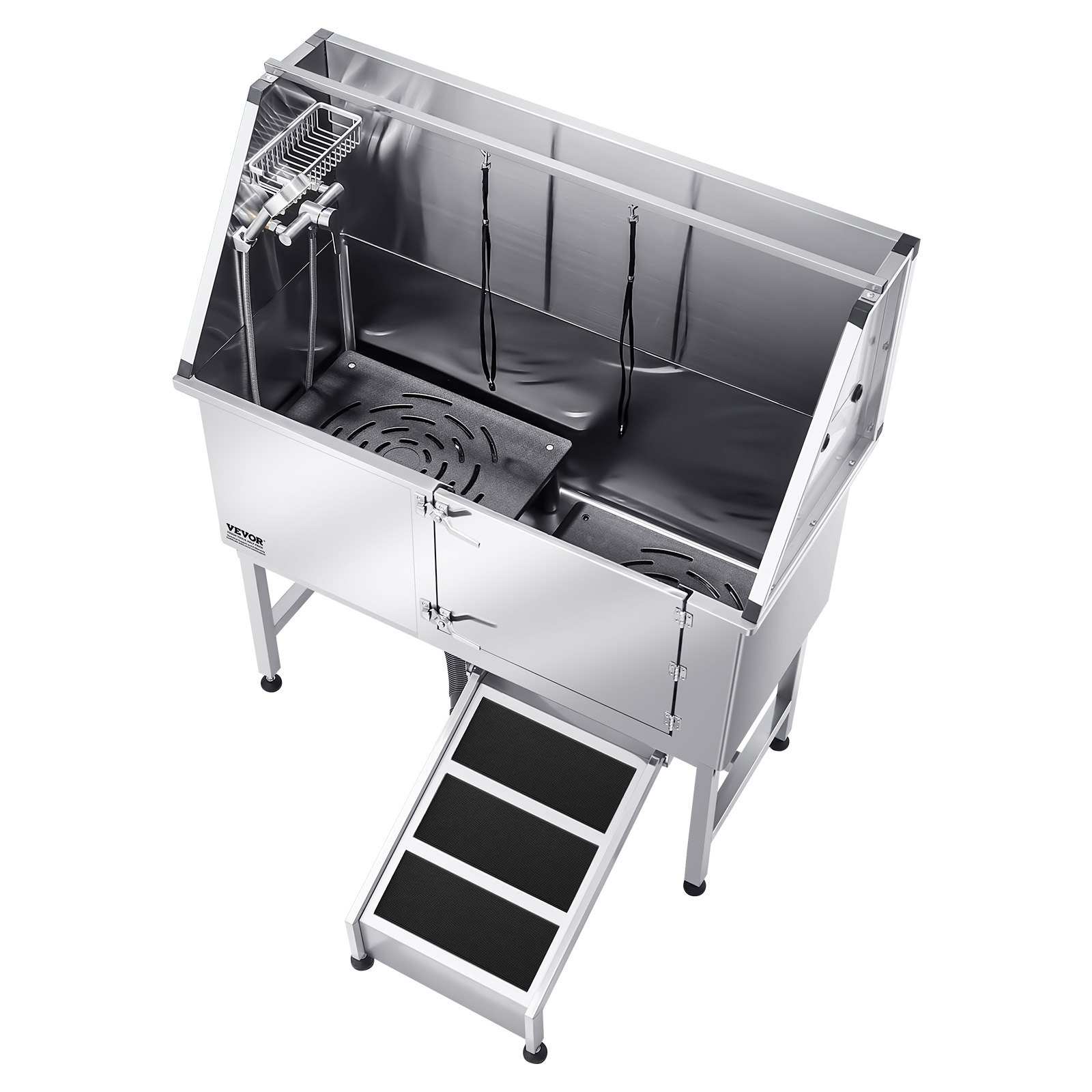 VEVOR Hondenwasstation van roestvrij staal, 1270 x 580 x 1495 mm, trimbad voor huisdieren met oprit, PE-waterfilterplaat, kraan, douchekop en zeephouder, voor grote, middelgrote en kleine huisdieren (rechterdeur)