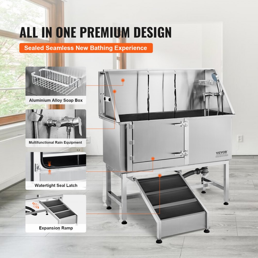 VEVOR Professionele Hondenverzorgingsbak 1270mm Roestvrijstalen Huisdierbad Hondenwasstation 150kg Hondenverzorgingsdouche Hondenwassysteem Hondenverzorgingsbak met linkerdeur Hondendouche Wasbak