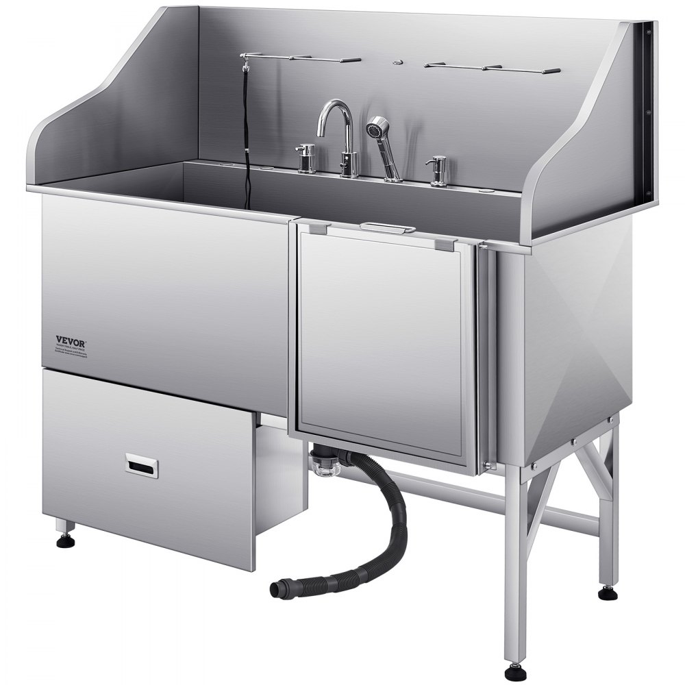 VEVOR Hondenwasstation van roestvrij staal, 1550x790x1470 mm Hondentrimbak met oprit, waterfilterplaat, kraan, douchekop, riem, voor grote, middelgrote en kleine huisdieren (rechterdeur)