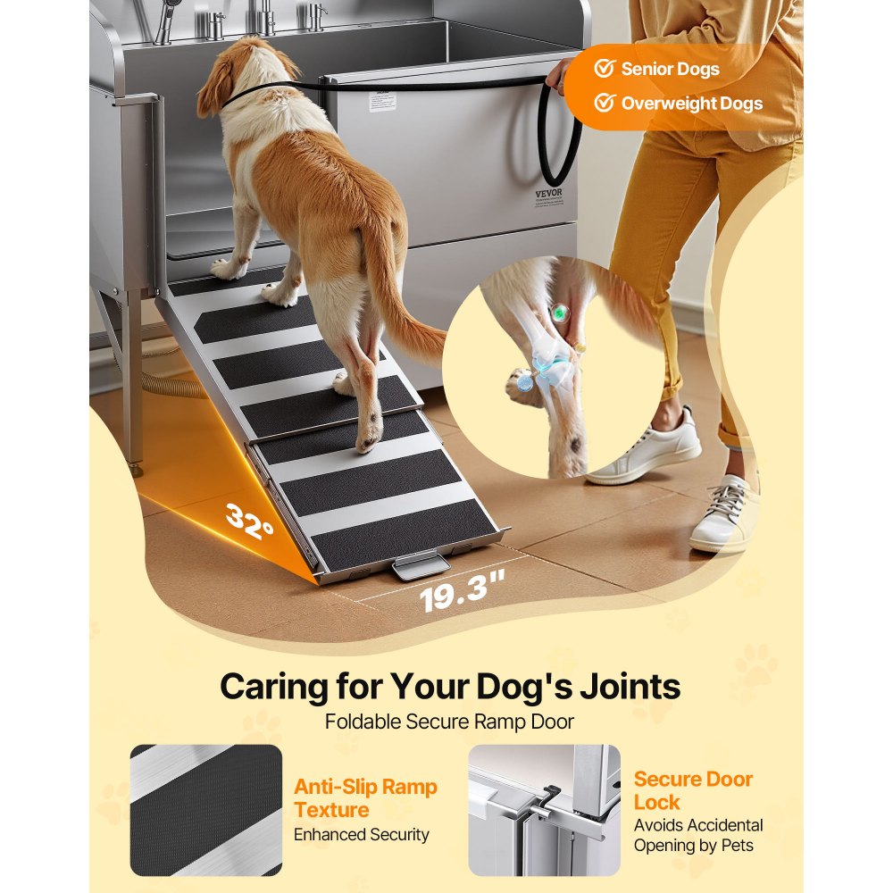 VEVOR Stainless Steel Dog Washing Station, 154.94 cm Pet Grooming Tub w/ Ramp, Water Filter Board, Faucet & Showerhead & Leash Dog Bathtub for Large & Medium & Small Pets (Right Door)