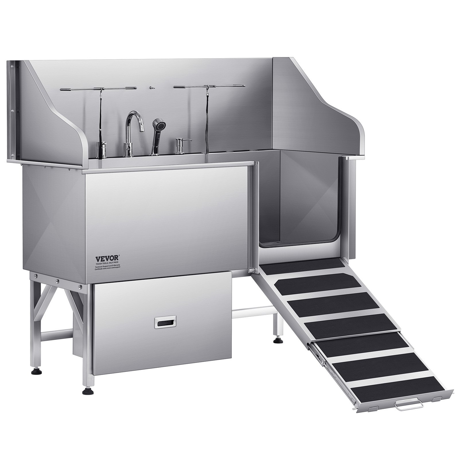 VEVOR Hondenwasstation van roestvrij staal, 1550x790x1470 mm Hondentrimbak met oprit, waterfilterplaat, kraan, douchekop, riem, voor grote, middelgrote en kleine huisdieren (rechterdeur)