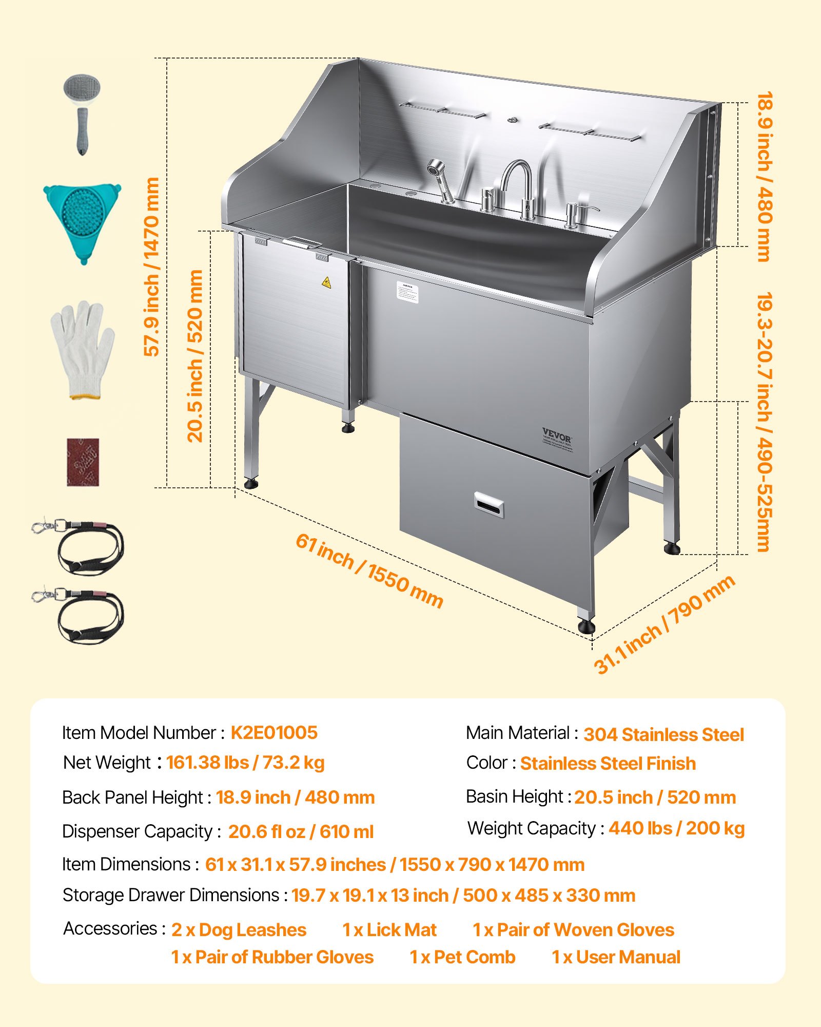 VEVOR Stainless Steel Dog Washing Station, 154.94 cm Pet Grooming Tub w/ Ramp, Water Filter Board, Faucet & Showerhead & Leash Dog Bathtub for Large & Medium & Small Pets (Right Door)