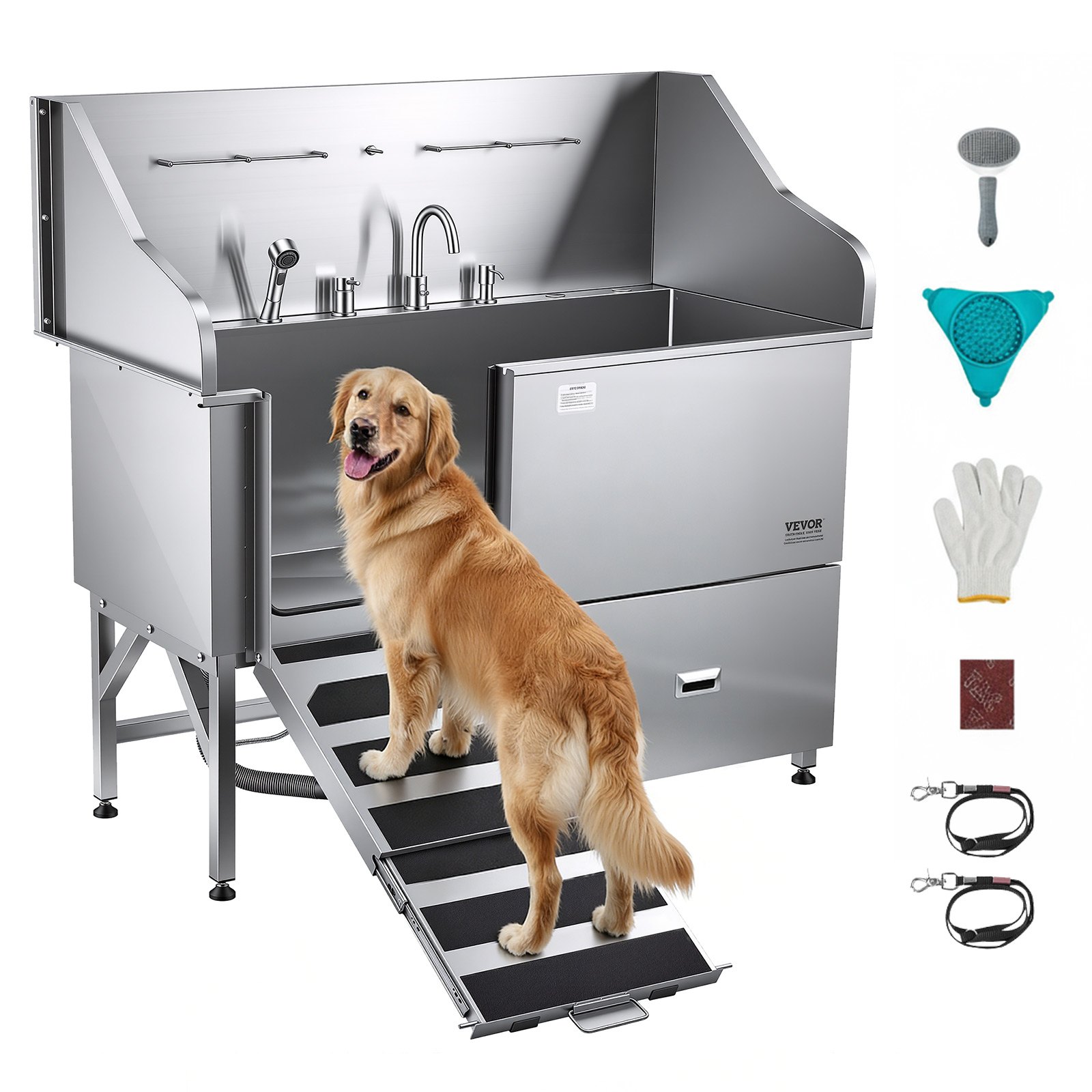 VEVOR Stainless Steel Dog Washing Station, 154.94 cm Pet Grooming Tub w/ Ramp, Water Filter Board, Faucet & Showerhead & Leash Dog Bathtub for Large & Medium & Small Pets (Right Door)