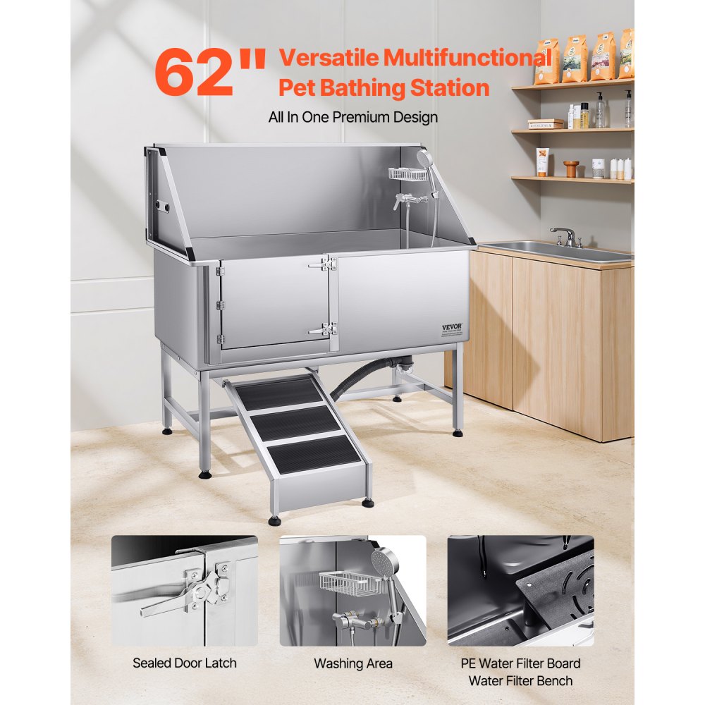 VEVOR Stainless Steel Dog Washing Station, 157.48 cm Pet Grooming Tub w/ Ramp, PE Water Filter Board, Faucet & Showerhead & Soap Holder Dog Bathtub for Large & Medium & Small Pets (Left Door)