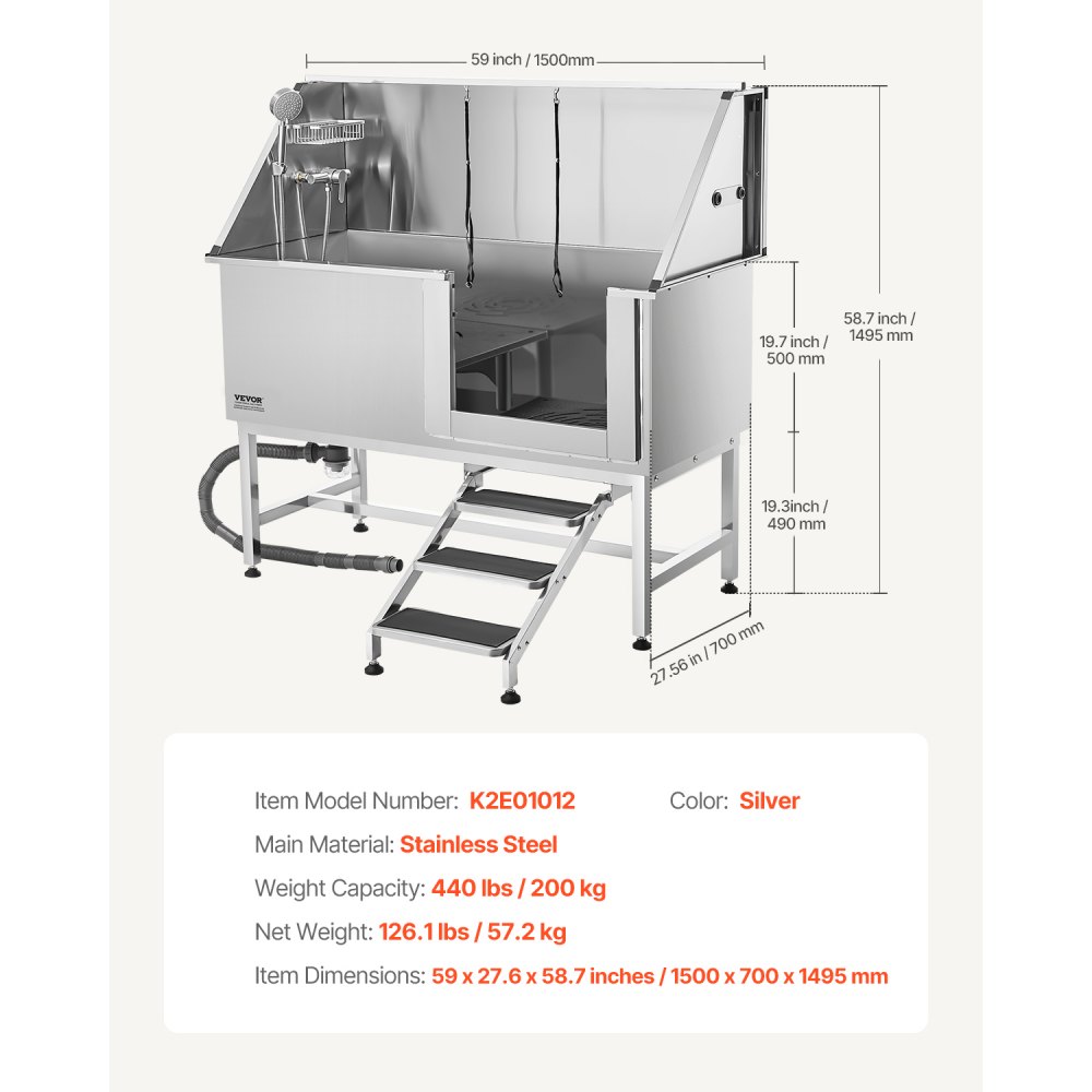 VEVOR Hondenwasstation van roestvrij staal, 1500x700x1495 mm, trimbad voor huisdieren met trap, PE-waterfilterplaat, kraan, douchekop en zeephouder, voor grote, middelgrote en kleine huisdieren (rechterdeur)
