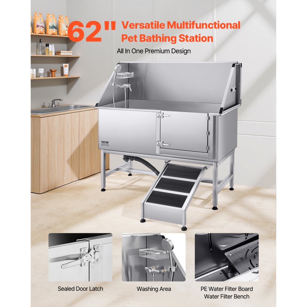 VEVOR Hondenwasstation van roestvrij staal, 1500x700x1495 mm, trimbad voor huisdieren met oprit, PE-waterfilterplaat, kraan, douchekop en zeephouder, voor grote, middelgrote en kleine huisdieren (rechterdeur)