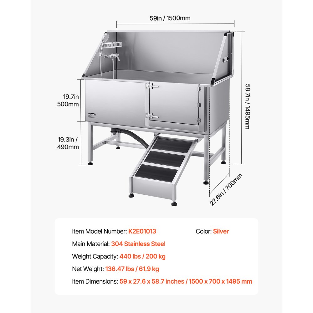 VEVOR Hondenwasstation van roestvrij staal, 1500x700x1495 mm, trimbad voor huisdieren met oprit, PE-waterfilterplaat, kraan, douchekop en zeephouder, voor grote, middelgrote en kleine huisdieren (rechterdeur)