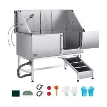 VEVOR Pet Grooming Tub RVS met oprit Waterfilterplaat 1500x700x1495mm