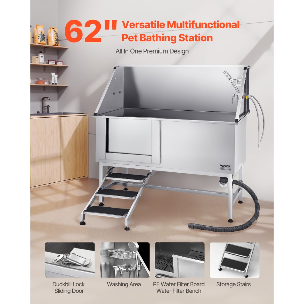 VEVOR roestvrijstalen hondenwasstation, 1500x700x1495mm, verzorgingsbad met opstapje, PE-waterfilterplaat, kraan, douchekop en zeephouder, voor grote, middelgrote en kleine huisdieren (deur links)