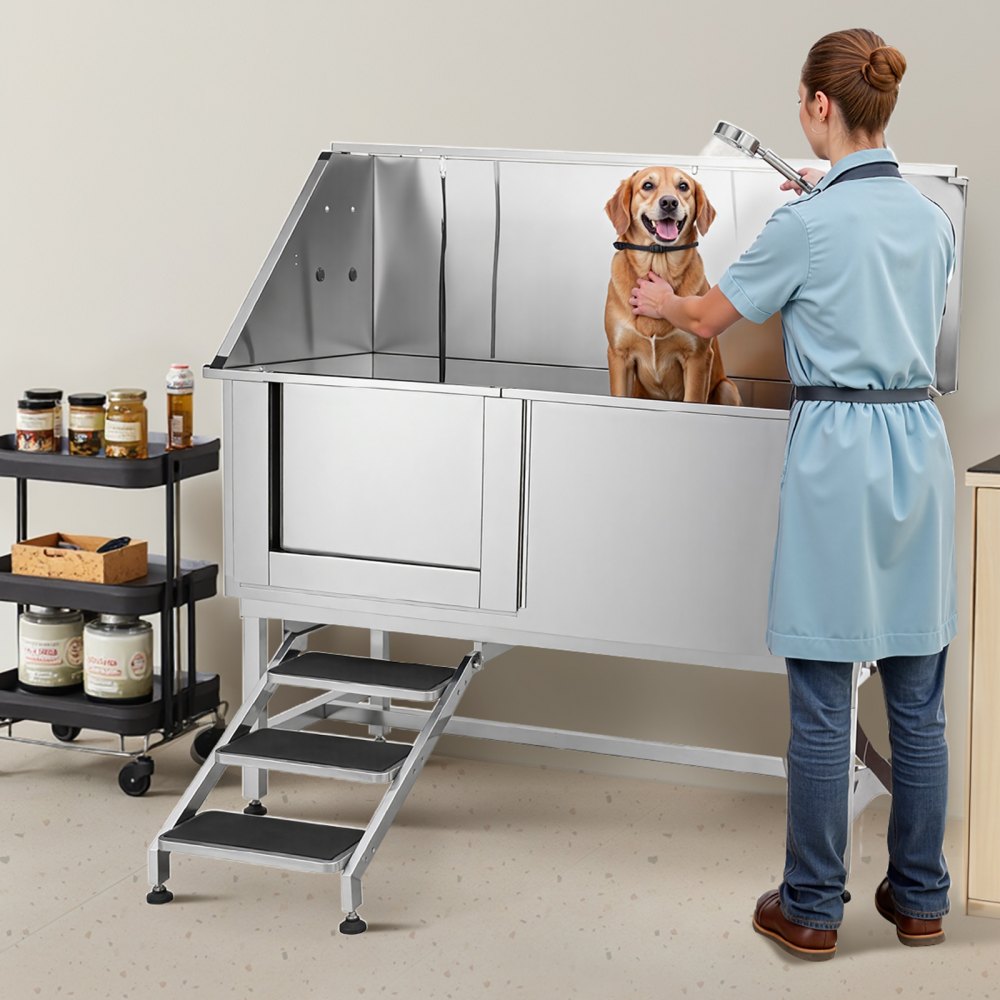VEVOR roestvrijstalen hondenwasstation, 1500x700x1495mm, verzorgingsbad met opstapje, PE-waterfilterplaat, kraan, douchekop en zeephouder, voor grote, middelgrote en kleine huisdieren (deur links)