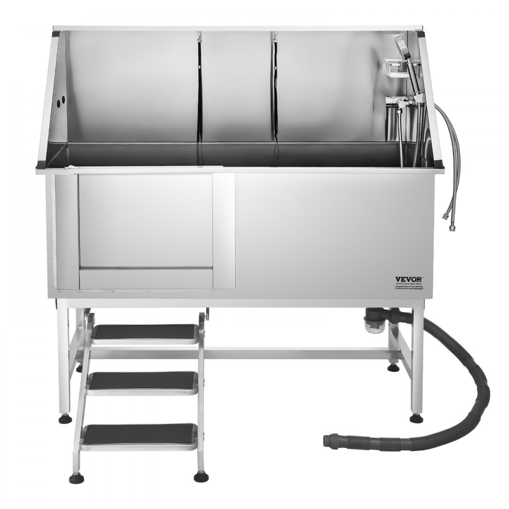 VEVOR roestvrijstalen hondenwasstation, 1500x700x1495mm, verzorgingsbad met opstapje, PE-waterfilterplaat, kraan, douchekop en zeephouder, voor grote, middelgrote en kleine huisdieren (deur links)