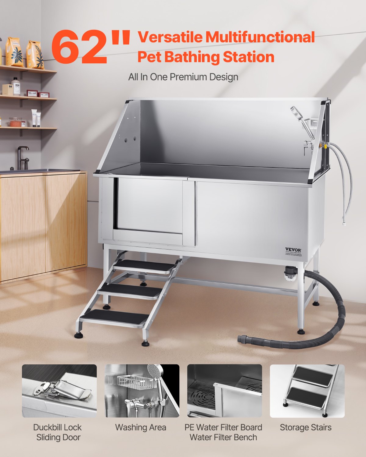 VEVOR roestvrijstalen hondenwasstation, 1500x700x1495mm, verzorgingsbad met opstapje, PE-waterfilterplaat, kraan, douchekop en zeephouder, voor grote, middelgrote en kleine huisdieren (deur links)