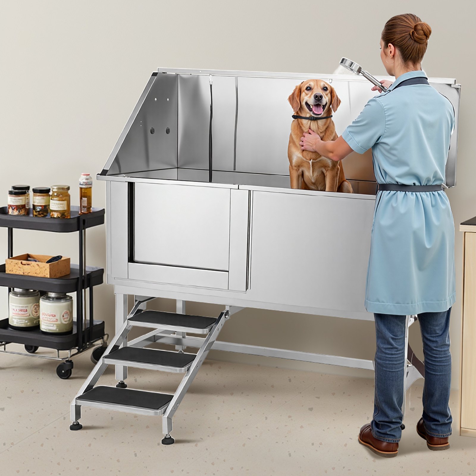 VEVOR roestvrijstalen hondenwasstation, 1500x700x1495mm, verzorgingsbad met opstapje, PE-waterfilterplaat, kraan, douchekop en zeephouder, voor grote, middelgrote en kleine huisdieren (deur links)