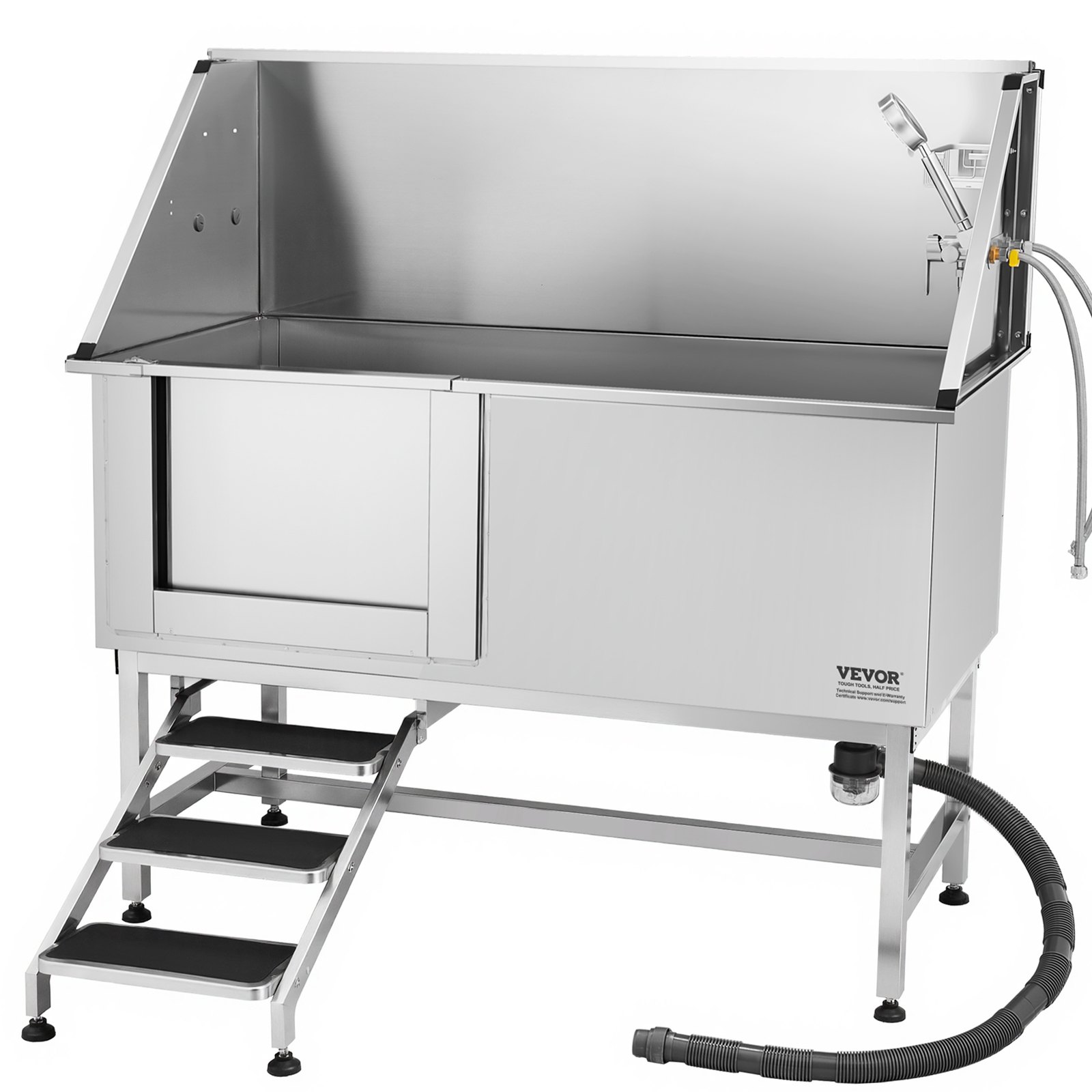 VEVOR roestvrijstalen hondenwasstation, 1500x700x1495mm, verzorgingsbad met opstapje, PE-waterfilterplaat, kraan, douchekop en zeephouder, voor grote, middelgrote en kleine huisdieren (deur links)