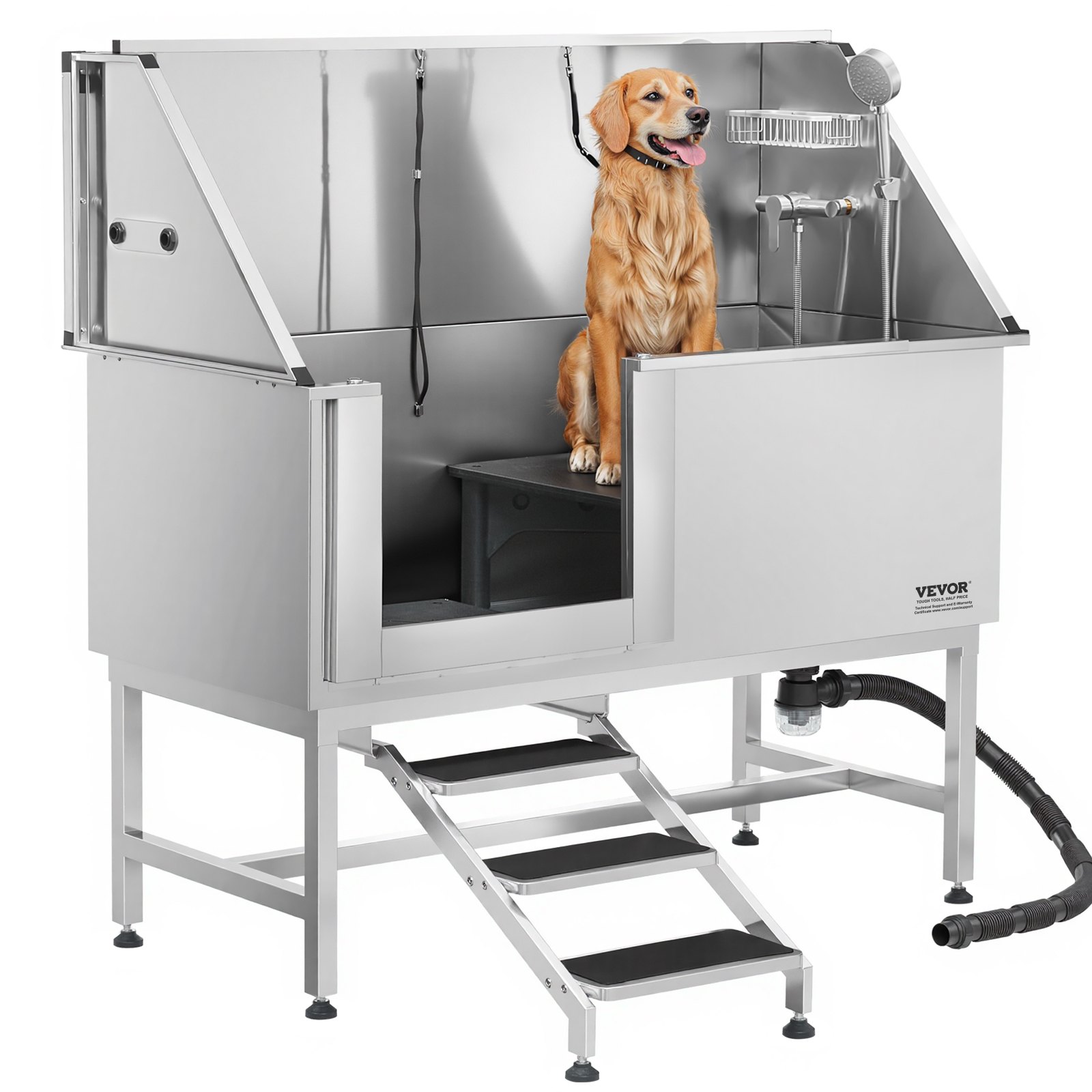 VEVOR roestvrijstalen hondenwasstation, 1500x700x1495mm, verzorgingsbad met opstapje, PE-waterfilterplaat, kraan, douchekop en zeephouder, voor grote, middelgrote en kleine huisdieren (deur links)