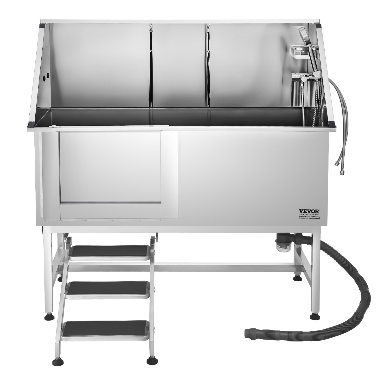 VEVOR roestvrijstalen hondenwasstation, 1500x700x1495mm, verzorgingsbad met opstapje, PE-waterfilterplaat, kraan, douchekop en zeephouder, voor grote, middelgrote en kleine huisdieren (deur links)