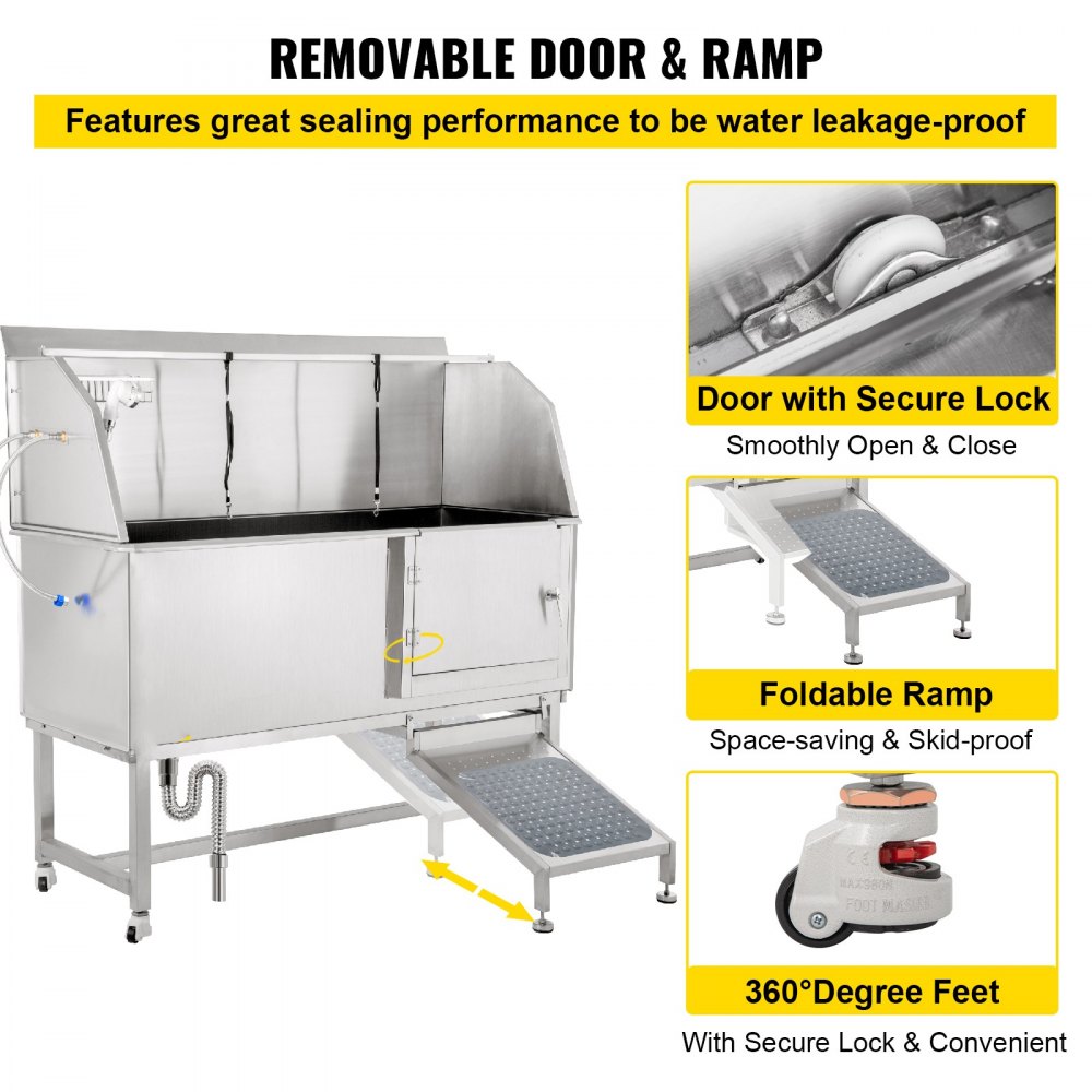 VEVOR Hond Grooming Bad, 62 inch R-Hondenwasstation, Badkuip van RVS Nominaal 661 LBS Laadvermogen, Antislip Professionele Hondenverzorging, Hondentondeuse Bad met Oprit Kraan Sproeier en Afvoer Set