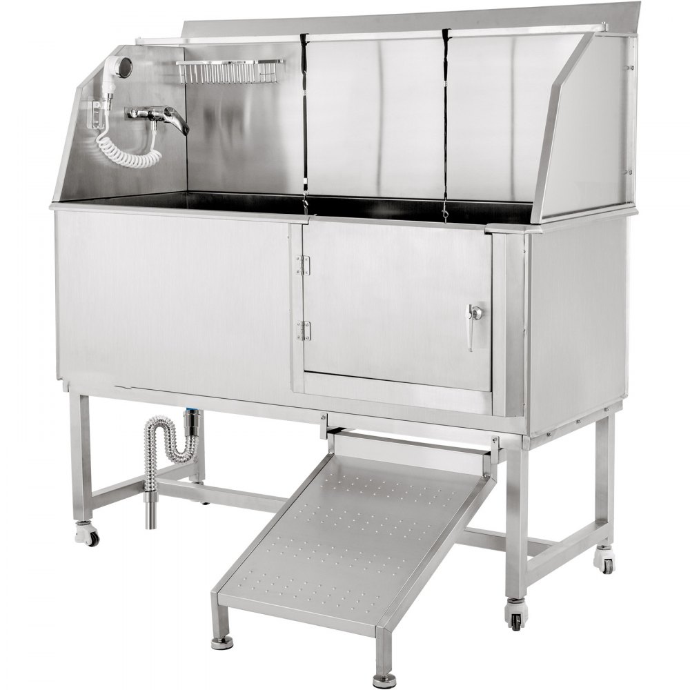 VEVOR Hond Grooming Bad, 62 inch R-Hondenwasstation, Badkuip van RVS Nominaal 661 LBS Laadvermogen, Antislip Professionele Hondenverzorging, Hondentondeuse Bad met Oprit Kraan Sproeier en Afvoer Set