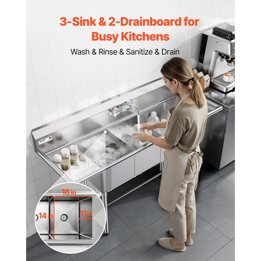 VEVOR 3 Compartment Sink, 18-Gauge 304 Stainless Steel, 14" x 16" x 11" Bowl Size, 3 Bay Commercial Kitchen Prep & Utility Sink with 2 Drainboards and Backsplash for Restaurant, Food Truck & Home Use