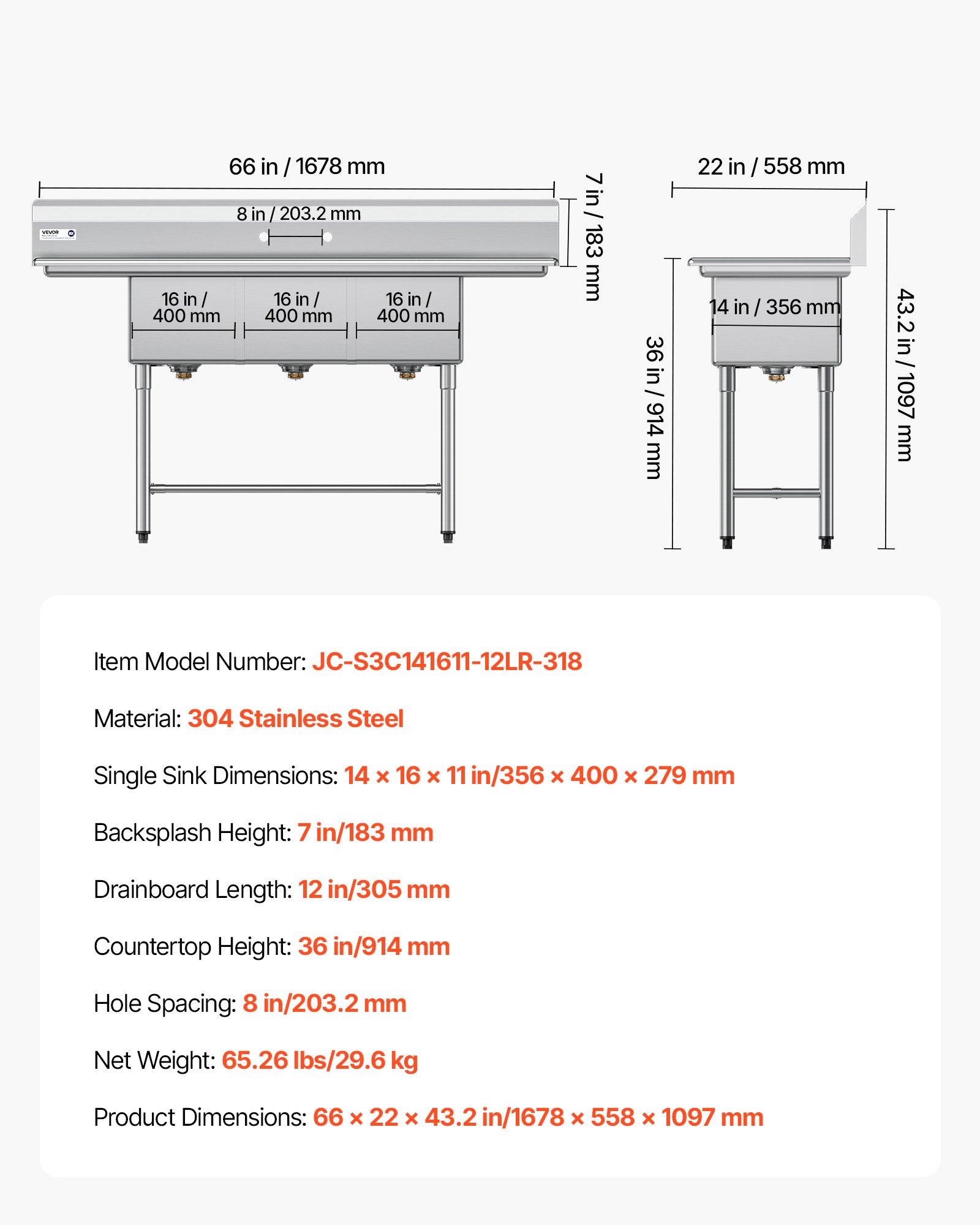 VEVOR 3 Compartment Sink, 18-Gauge 304 Stainless Steel, 14" x 16" x 11" Bowl Size, 3 Bay Commercial Kitchen Prep & Utility Sink with 2 Drainboards and Backsplash for Restaurant, Food Truck & Home Use
