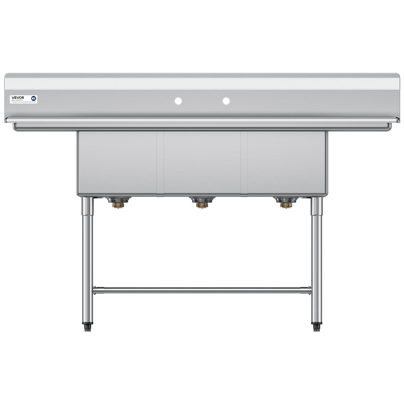 VEVOR 3 Compartment Sink, 18-Gauge 304 Stainless Steel, 14" x 16" x 11" Bowl Size, 3 Bay Commercial Kitchen Prep & Utility Sink with 2 Drainboards and Backsplash for Restaurant, Food Truck & Home Use