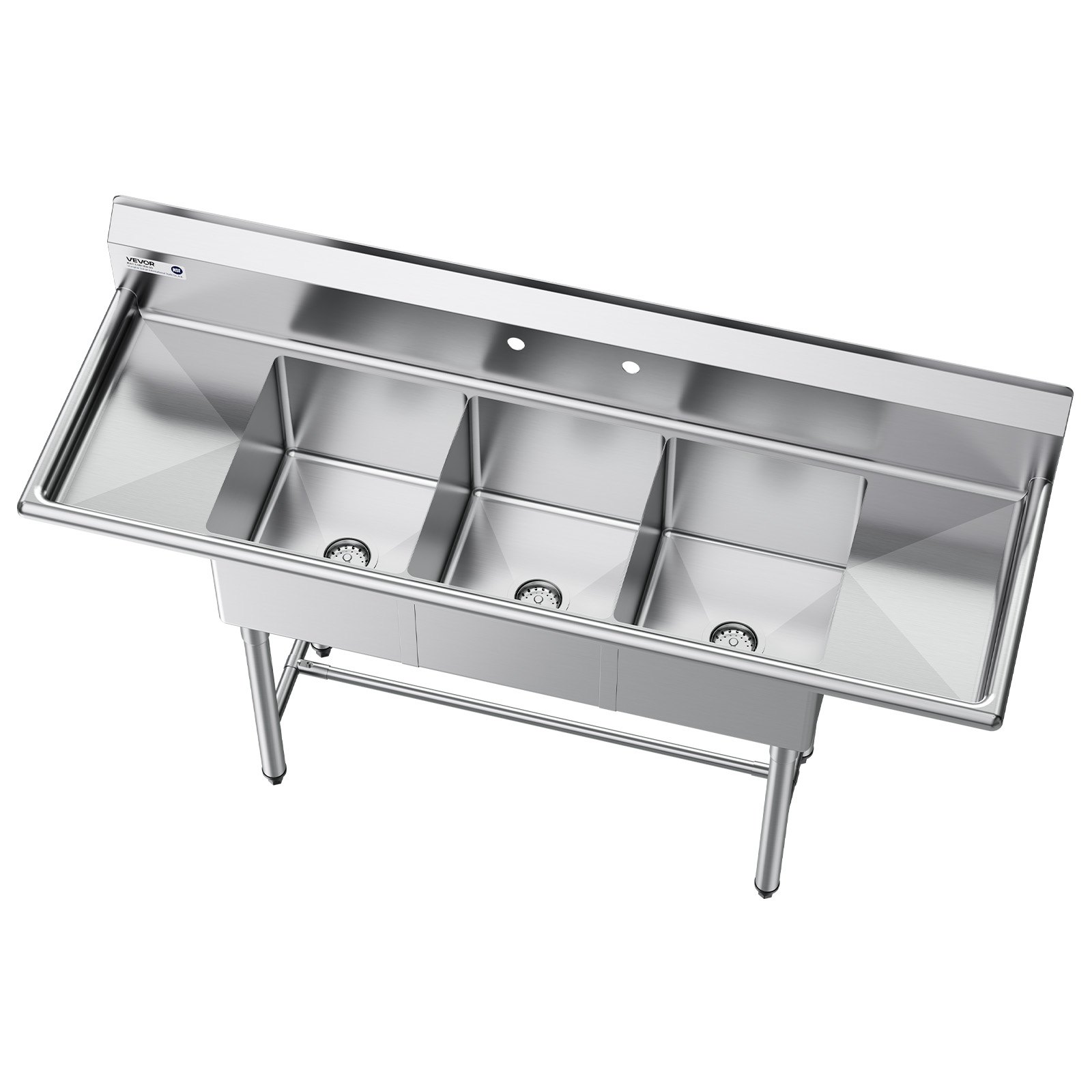 VEVOR 3 Compartment Sink, 18-Gauge 304 Stainless Steel, 14" x 16" x 11" Bowl Size, 3 Bay Commercial Kitchen Prep & Utility Sink with 2 Drainboards and Backsplash for Restaurant, Food Truck & Home Use