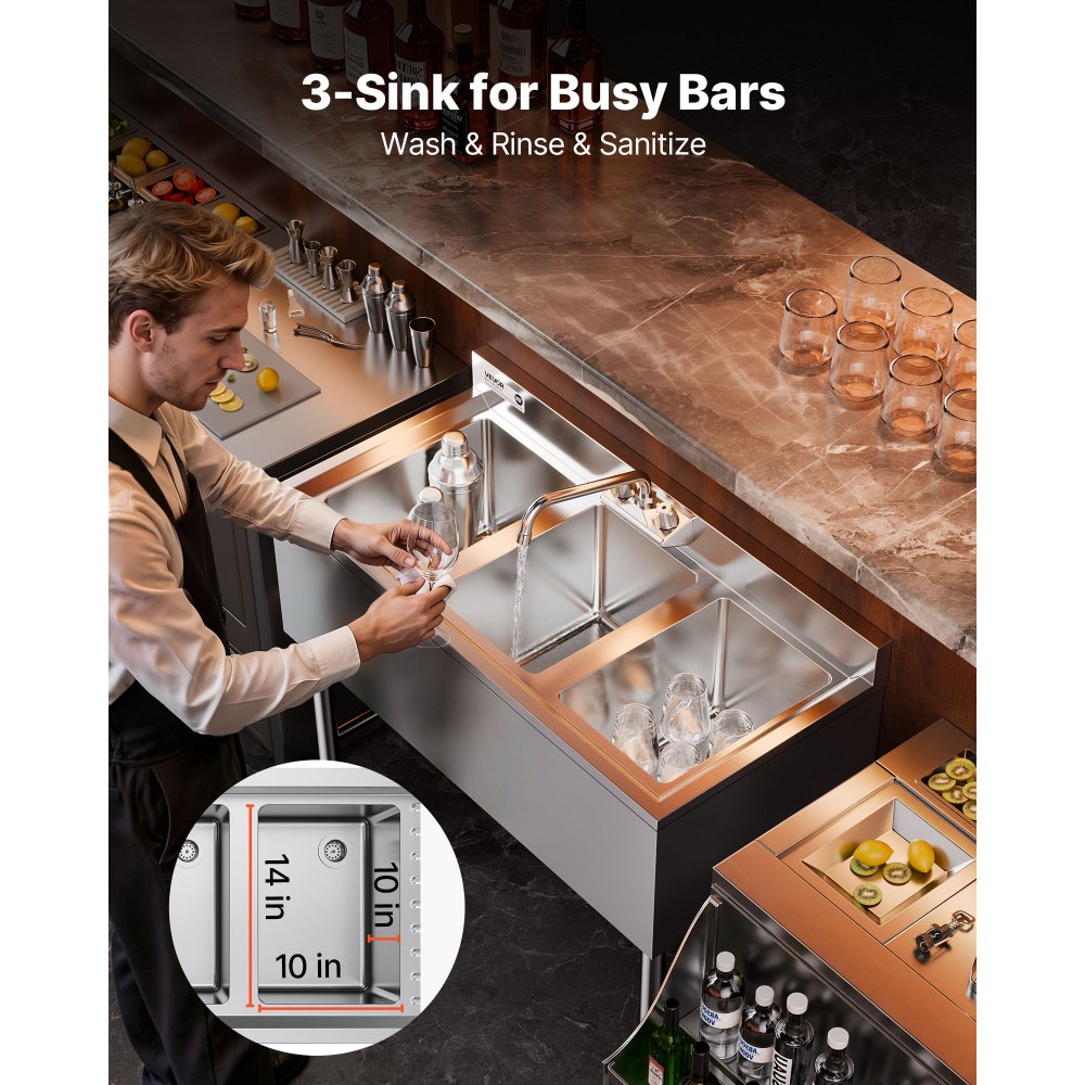 VEVOR 3-delige keukenspoelbak met spatbescherming en efficiënte afvoer (978 x 470 x 838 mm), geschikt voor restaurants, foodtrucks en privégebruik, roestvrijstalen spoelbak