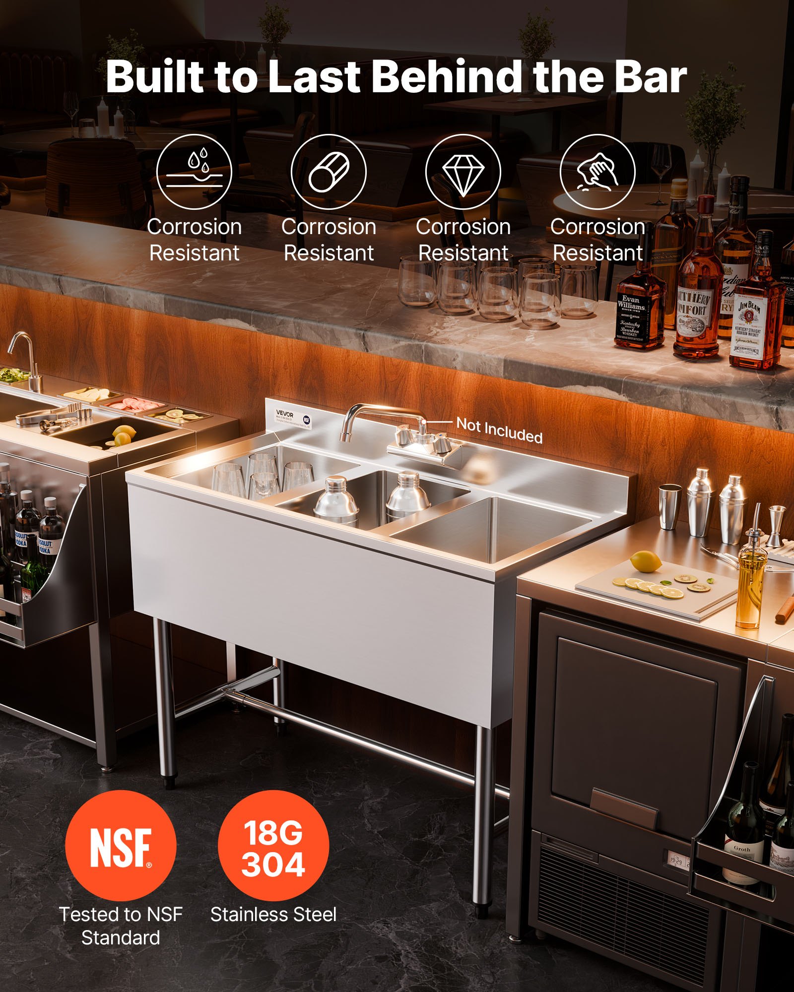 VEVOR 3-delige keukenspoelbak met spatbescherming en efficiënte afvoer (978 x 470 x 838 mm), geschikt voor restaurants, foodtrucks en privégebruik, roestvrijstalen spoelbak