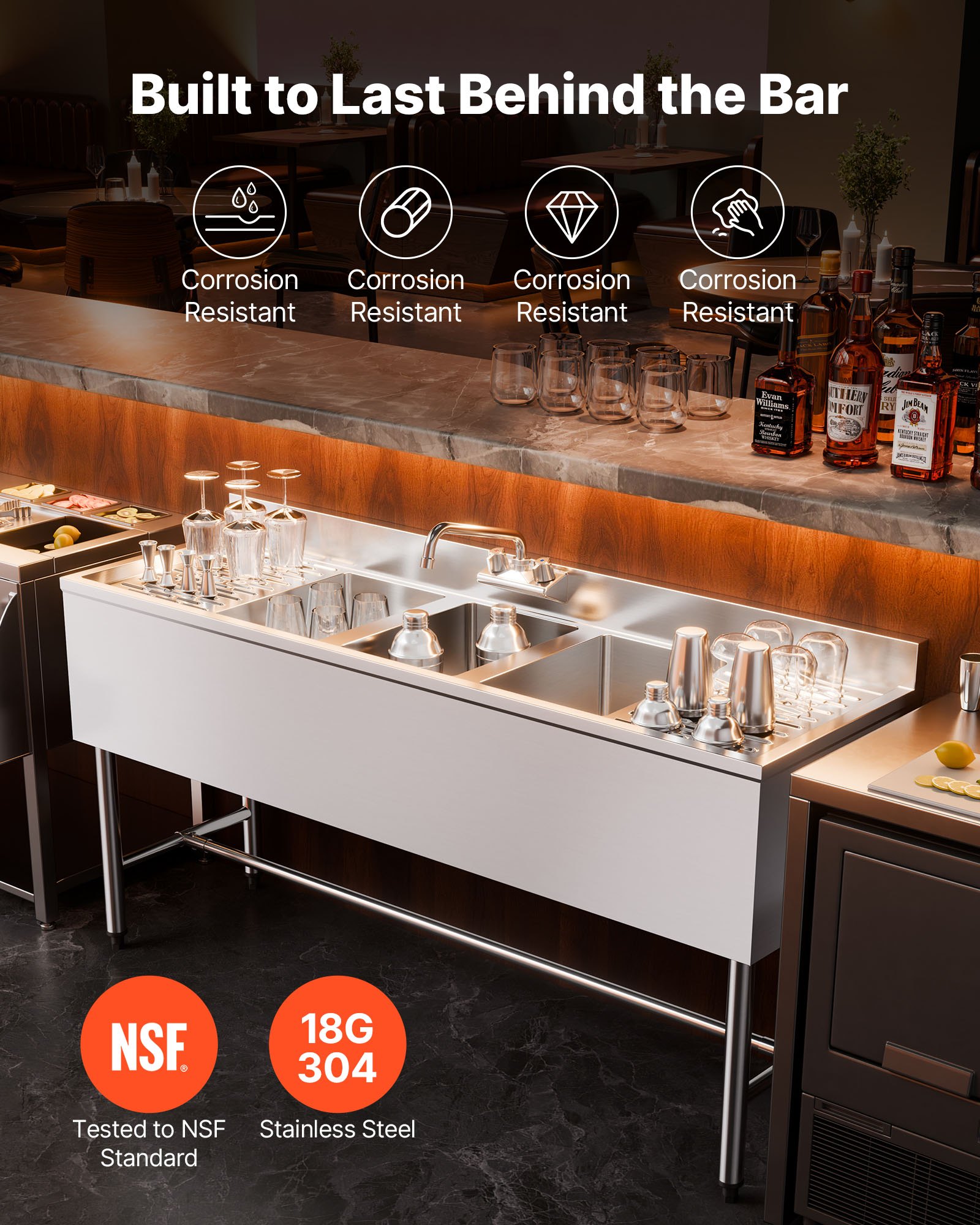 VEVOR 3-koms spoelbak met 2 afvoeren en spatbescherming, keuken spoelbak (1524 x 470 x 838 mm), keuken spoelbak voor restaurants, foodtrucks en privégebruik, roestvrijstalen spoelbak met kraan