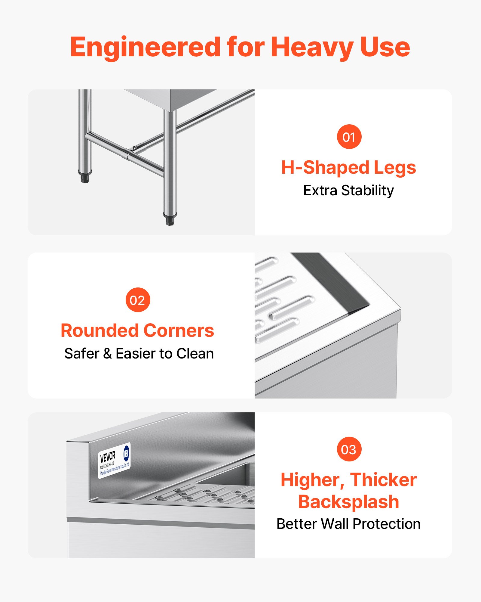 VEVOR 3-koms spoelbak met 2 afvoeren en spatbescherming, keuken spoelbak (1524 x 470 x 838 mm), keuken spoelbak voor restaurants, foodtrucks en privégebruik, roestvrijstalen spoelbak met kraan