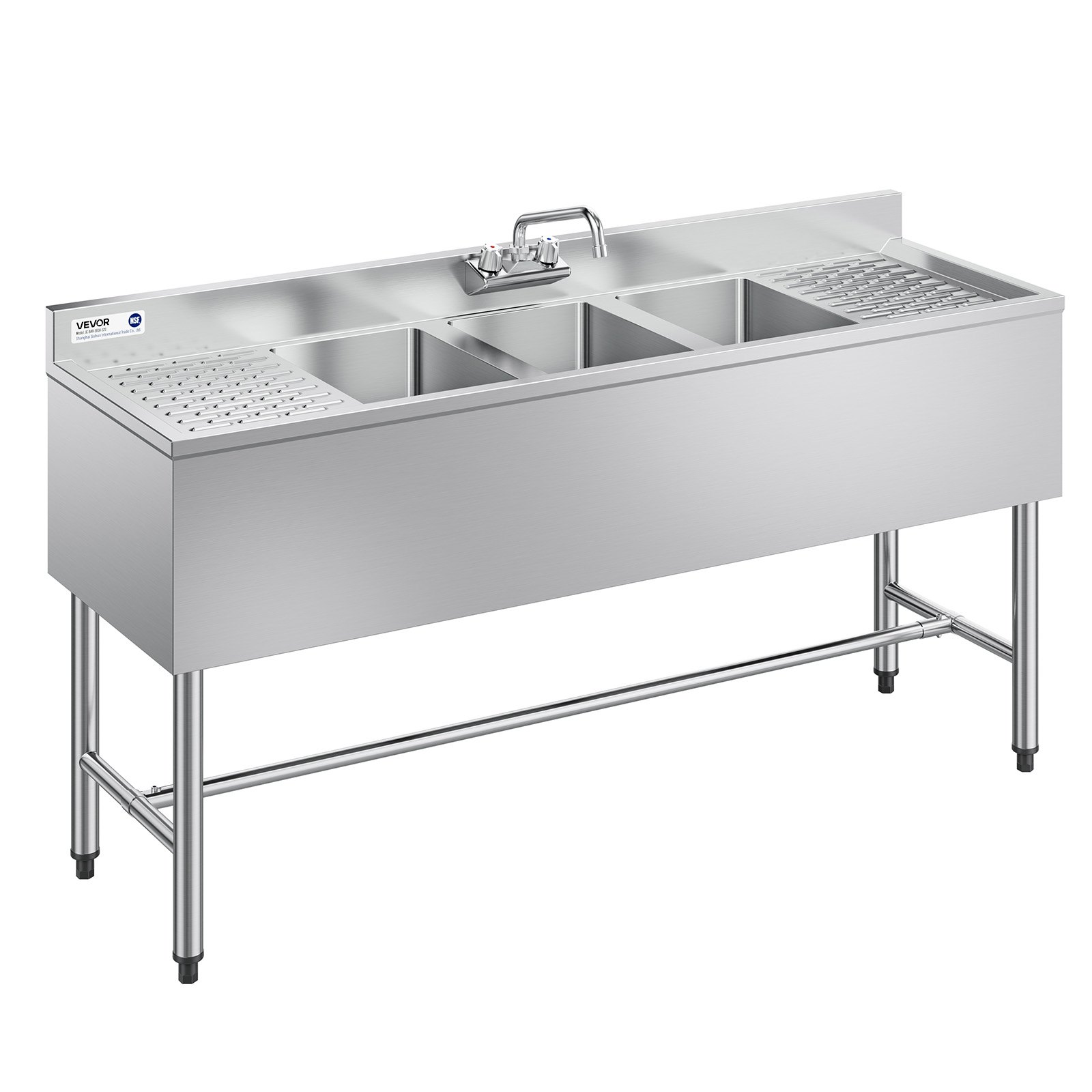 VEVOR 3-koms spoelbak met 2 afvoeren en spatbescherming, keuken spoelbak (1524 x 470 x 838 mm), keuken spoelbak voor restaurants, foodtrucks en privégebruik, roestvrijstalen spoelbak met kraan