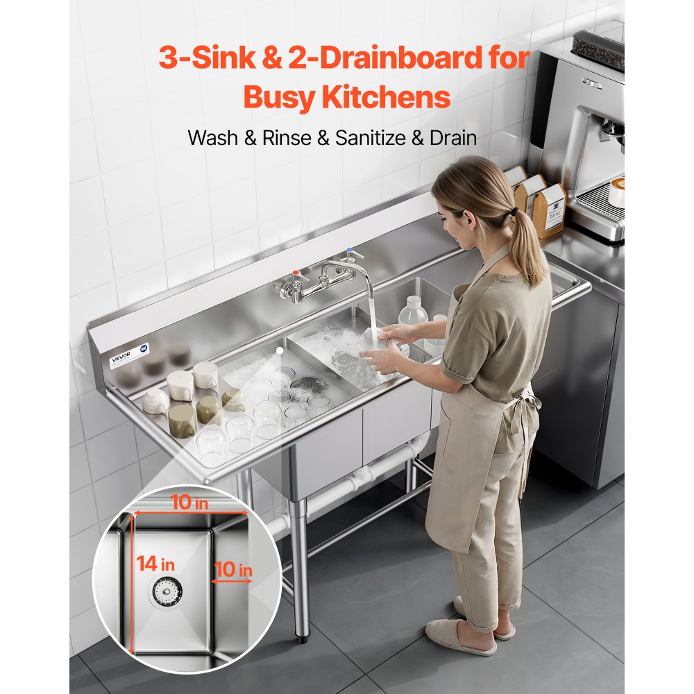 VEVOR 3 Compartment Sink, 18-Gauge 304 Stainless Steel, 10" x 14" x 10" Bowl Size, 3 Bay Commercial Kitchen Prep & Utility Sink with 2 Drainboards and Backsplash for Restaurant, Food Truck & Home Use