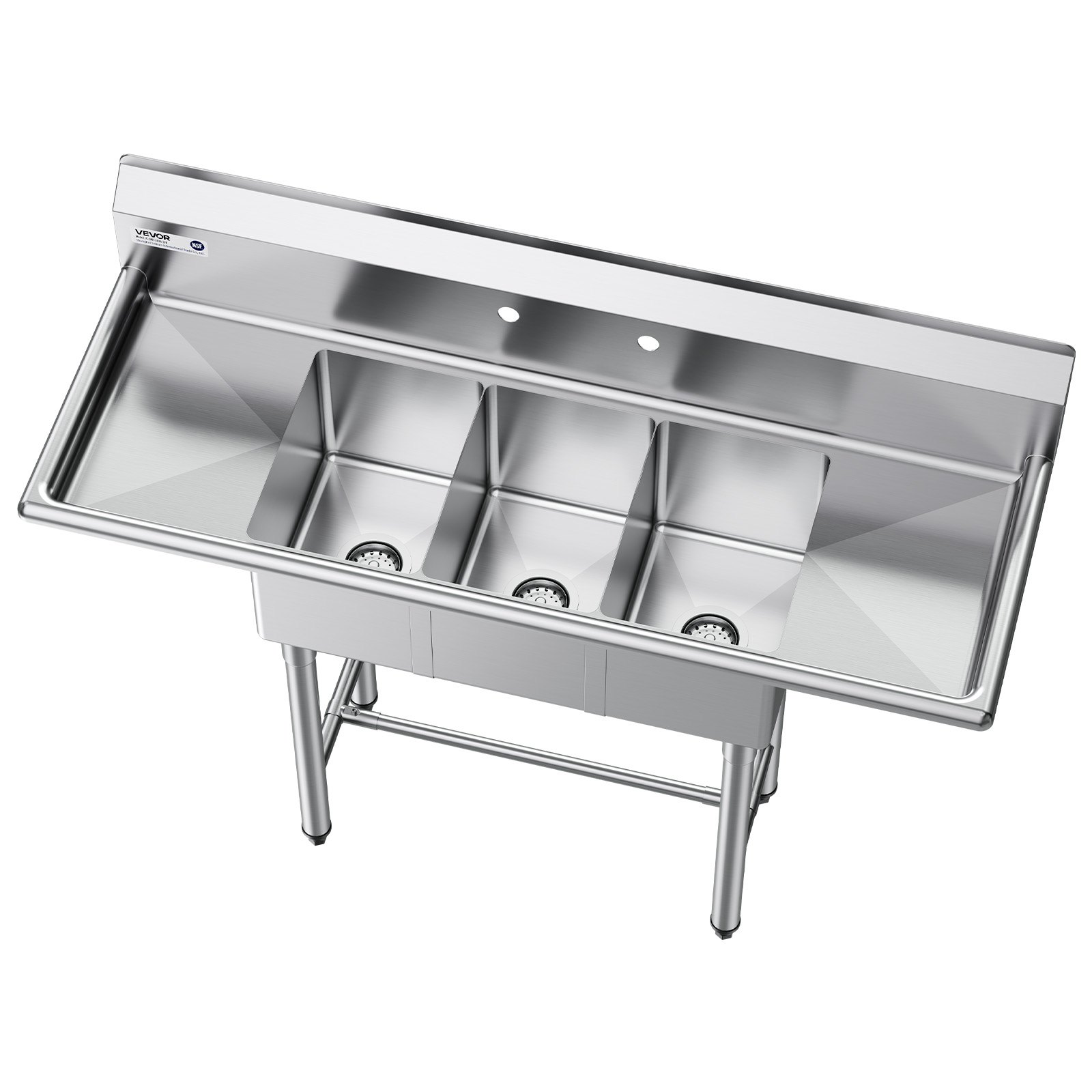 VEVOR 3 Compartment Sink, 18-Gauge 304 Stainless Steel, 10" x 14" x 10" Bowl Size, 3 Bay Commercial Kitchen Prep & Utility Sink with 2 Drainboards and Backsplash for Restaurant, Food Truck & Home Use