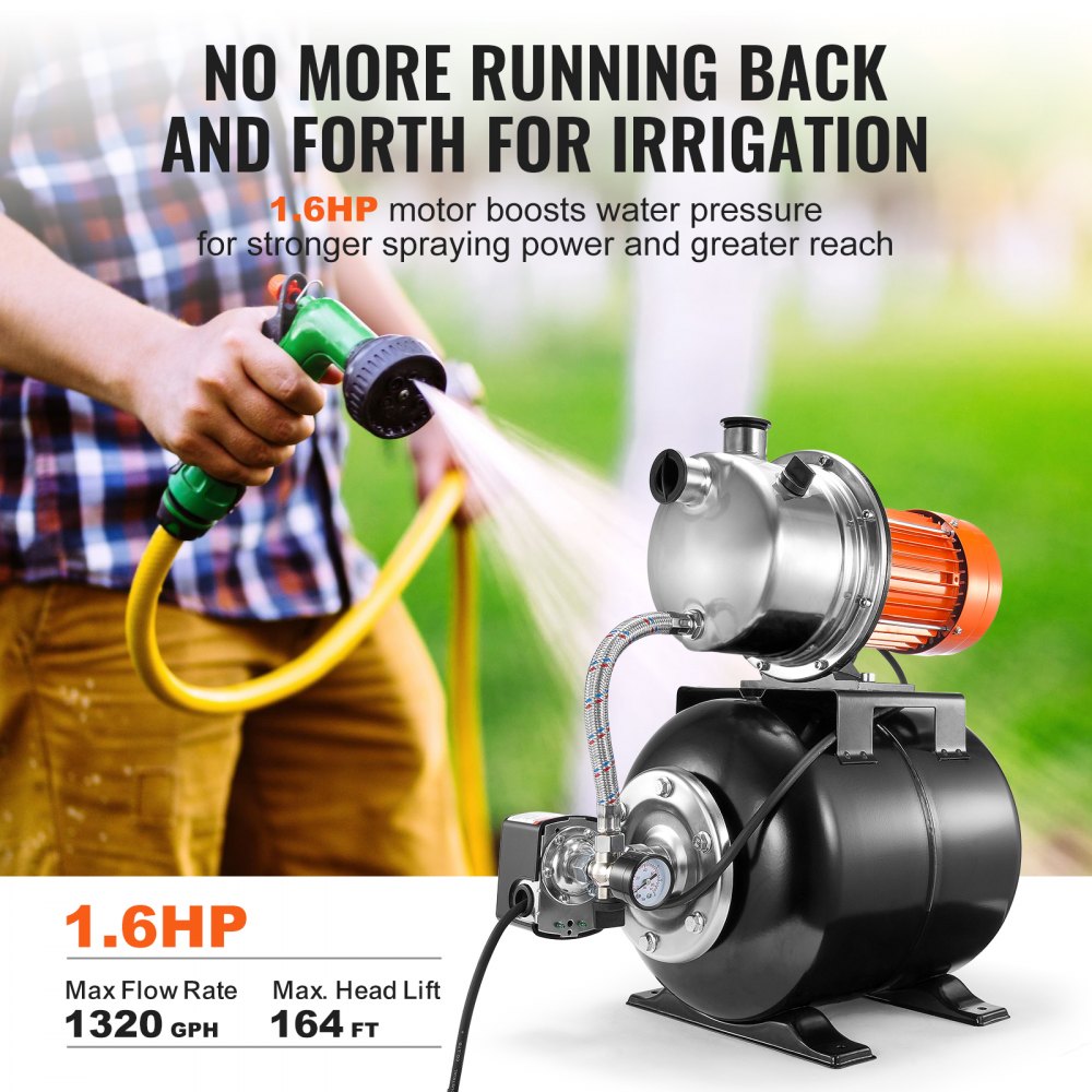 VEVOR 1.6 HP Shallow Well Pump with Pressure Tank, 1320 GPH, Automatic Irrigation Water Booster Pump with 5-Gal Pressure Tank 30/50 PSI Pressure Switch, Stainless Steel Pump Head for Home Garden Lawn